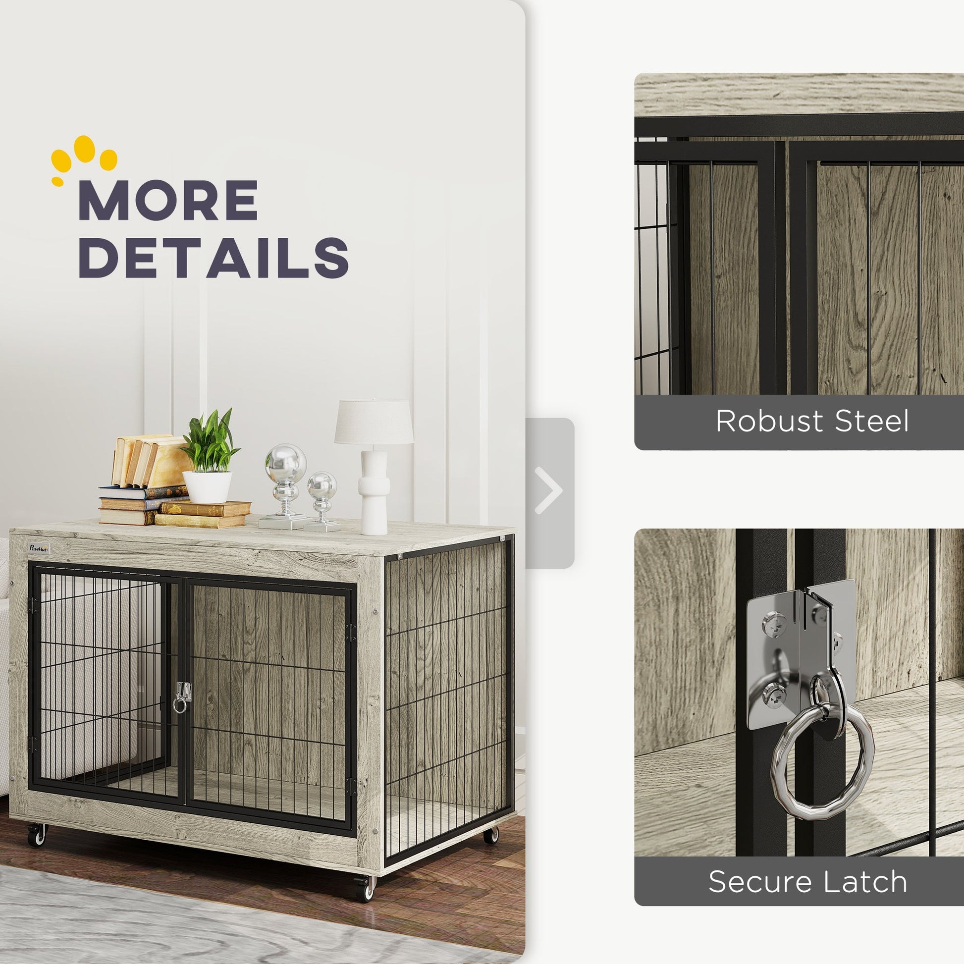 Dog Crate Furniture on Wheels, Dog Cage End Side Table with Lockable Double Doors, for Large Breeds, 100 x 60 x 73.5cm, Grey