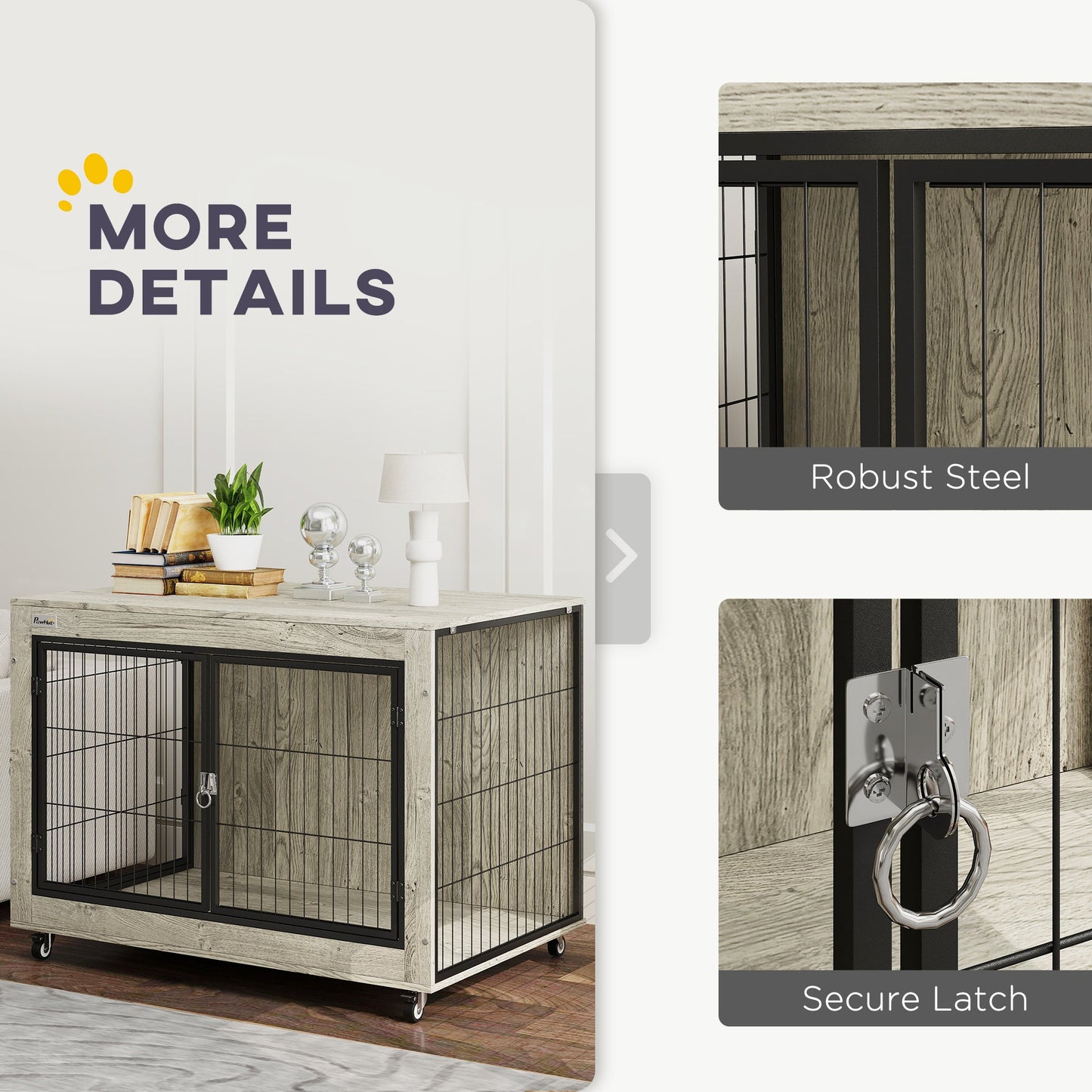 Dog Crate Furniture on Wheels, Dog Cage End Side Table with Lockable Double Doors, for Large Breeds, 100 x 60 x 73.5cm, Grey
