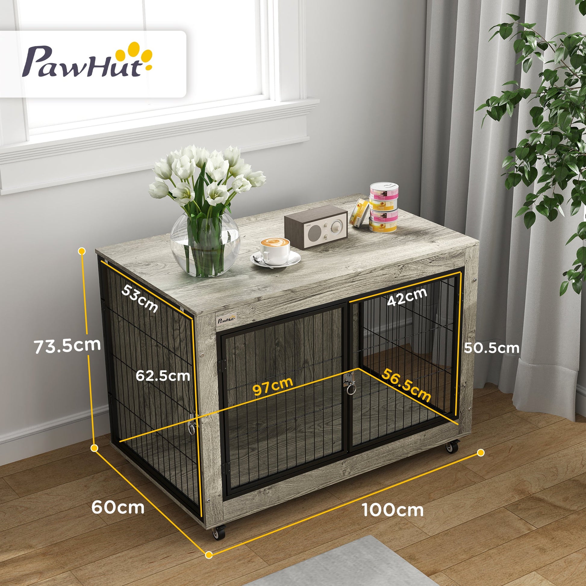 Dog Crate Furniture on Wheels, Dog Cage End Side Table with Lockable Double Doors, for Large Breeds, 100 x 60 x 73.5cm, Grey