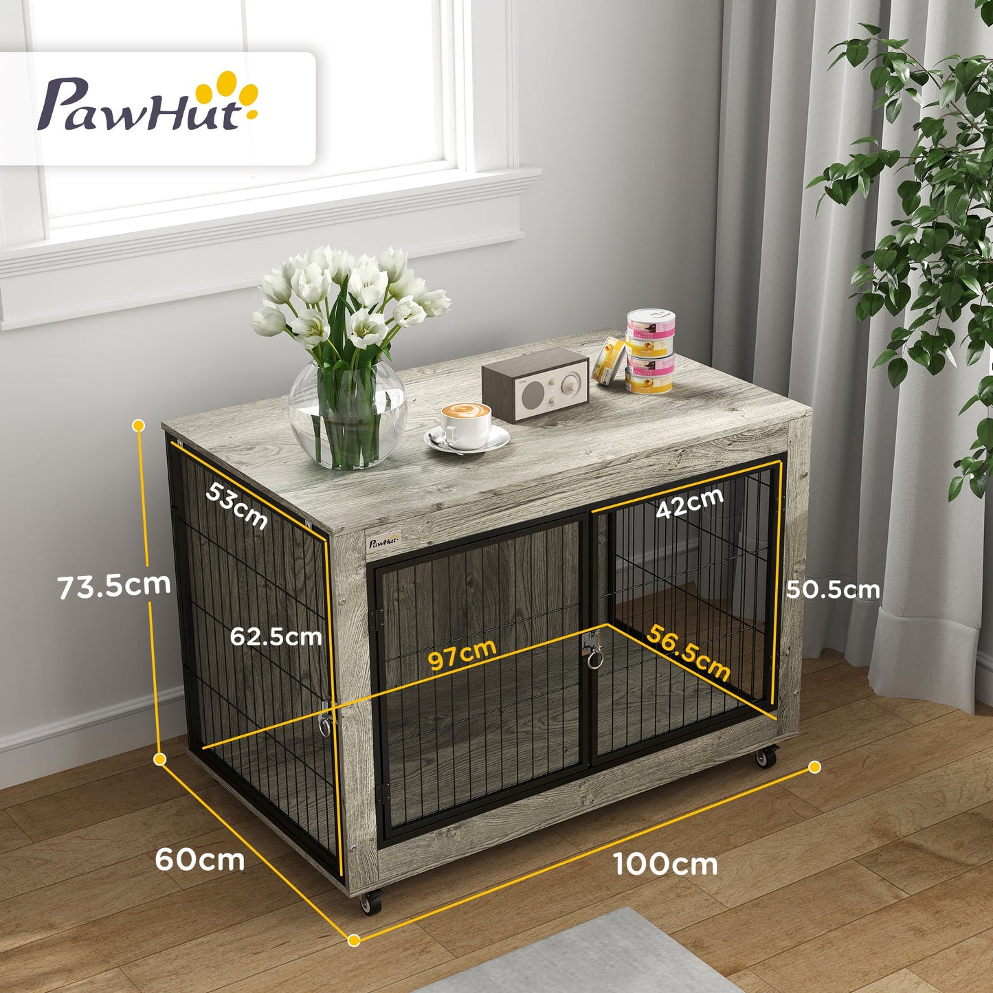Dog Crate Furniture on Wheels, Dog Cage End Side Table with Lockable Double Doors, for Large Breeds, 100 x 60 x 73.5cm, Grey