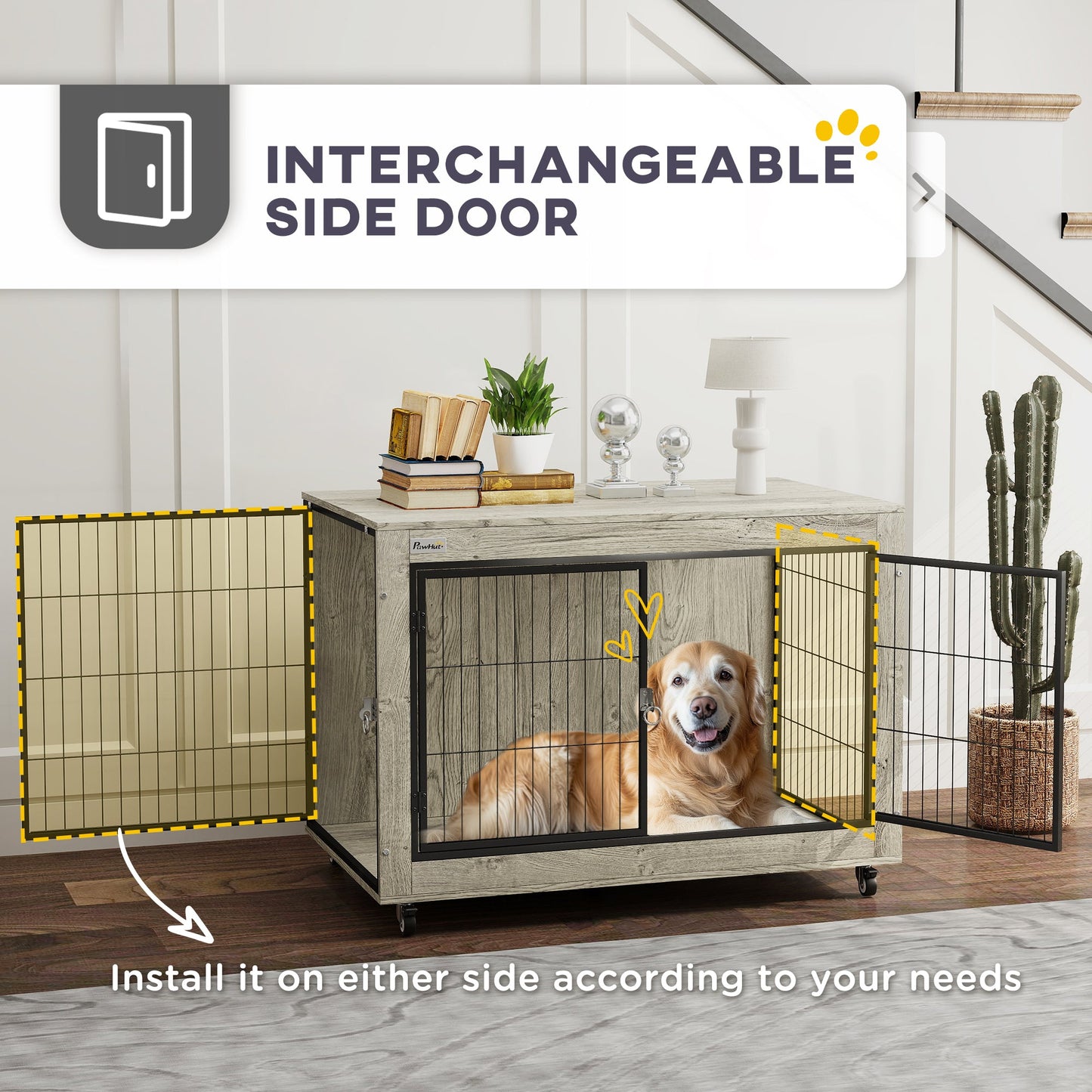 Dog Crate Furniture on Wheels, Dog Cage End Side Table with Lockable Double Doors, for Large Breeds, 100 x 60 x 73.5cm, Grey