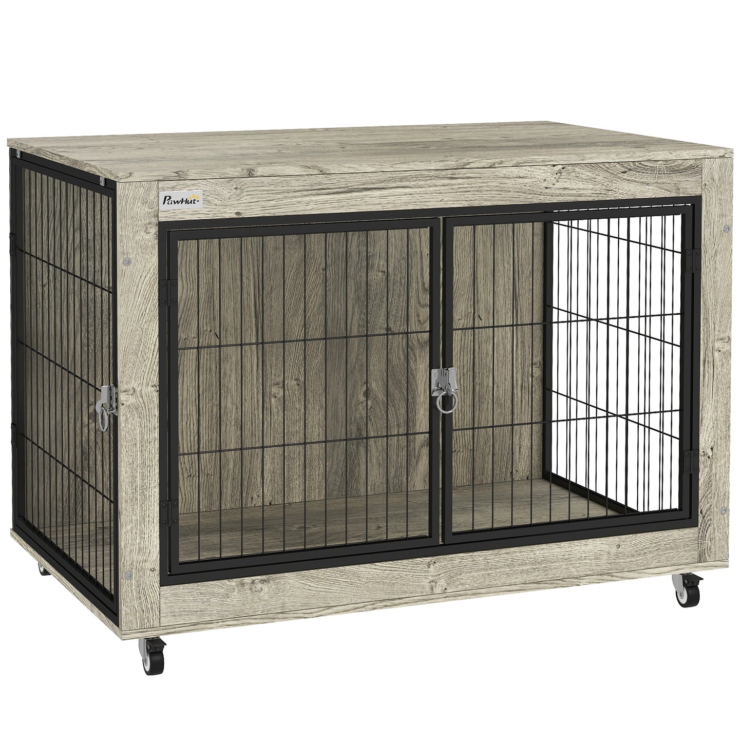 Dog Crate Furniture on Wheels, Dog Cage End Side Table with Lockable Double Doors, for Large Breeds, 100 x 60 x 73.5cm, Grey