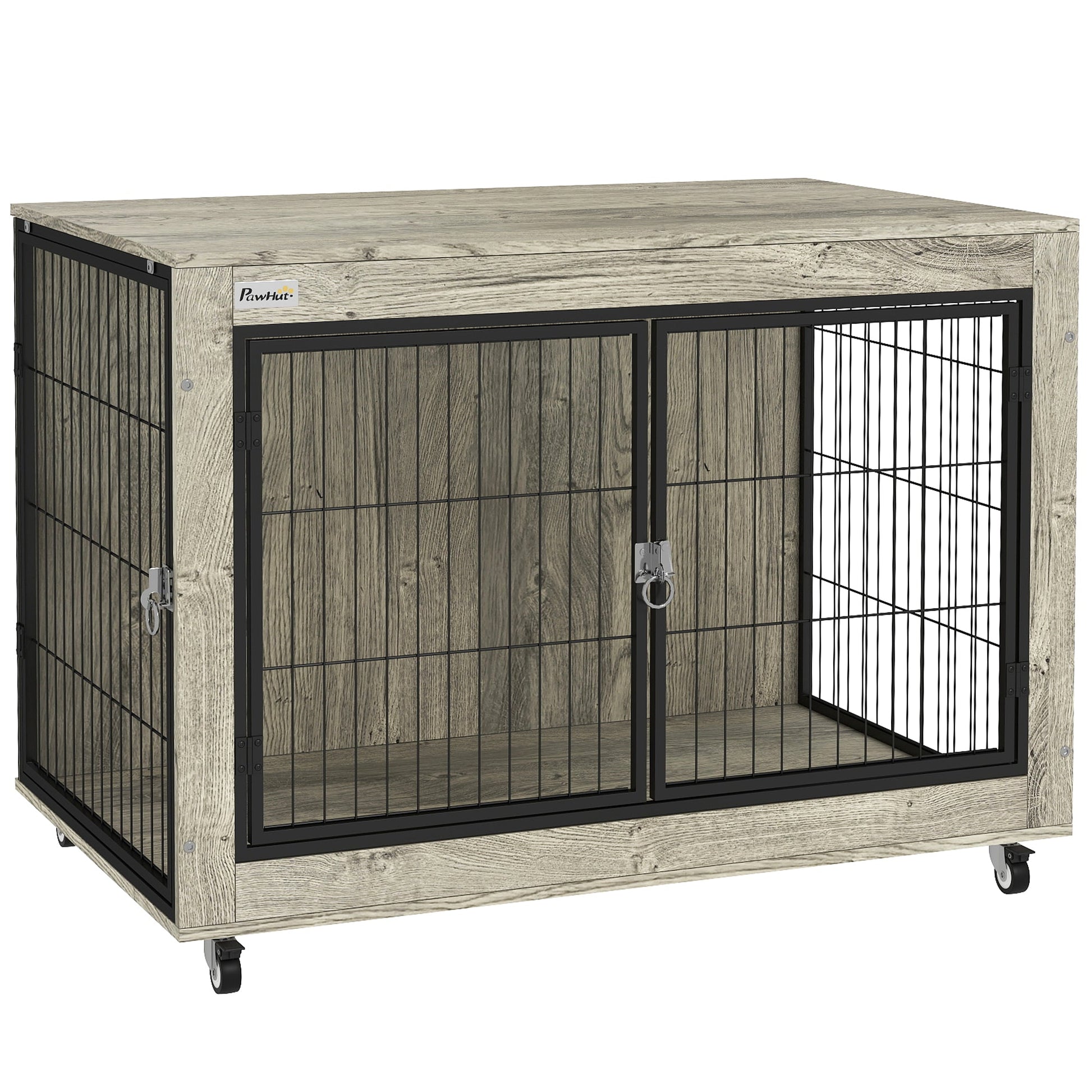 Dog Crate Furniture on Wheels, Dog Cage End Side Table with Lockable Double Doors, for Large Breeds, 100 x 60 x 73.5cm, Grey