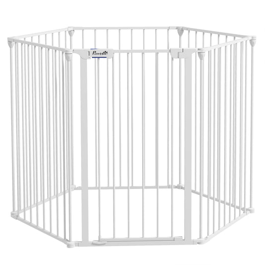 2 in 1 Multifunctional Dog Pen, Safety Pet Gate, 6 Panels Dog Playpen with Double-Locking Door, Foldable Dog Barrier for Medium Dogs, 90Hcm - White