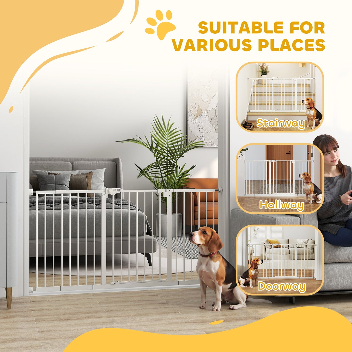 Dog Gate Stair Gate Pressure Fit Pets Barrier Auto Close for Doorway Hallway, 74-148cm Wide Adjustable, White