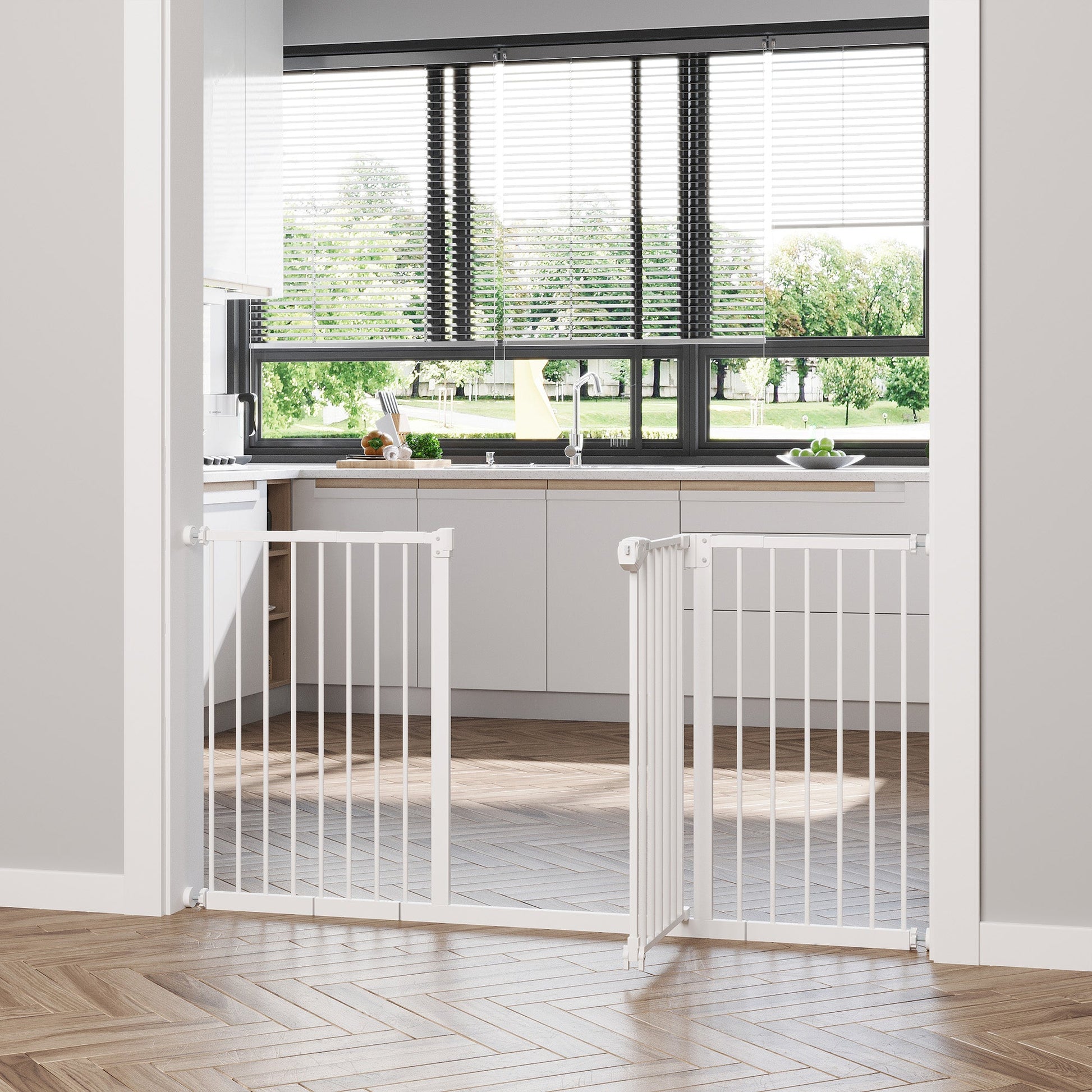 Dog Gate Stair Gate Pressure Fit Pets Barrier Auto Close for Doorway Hallway, 74-148cm Wide Adjustable, White