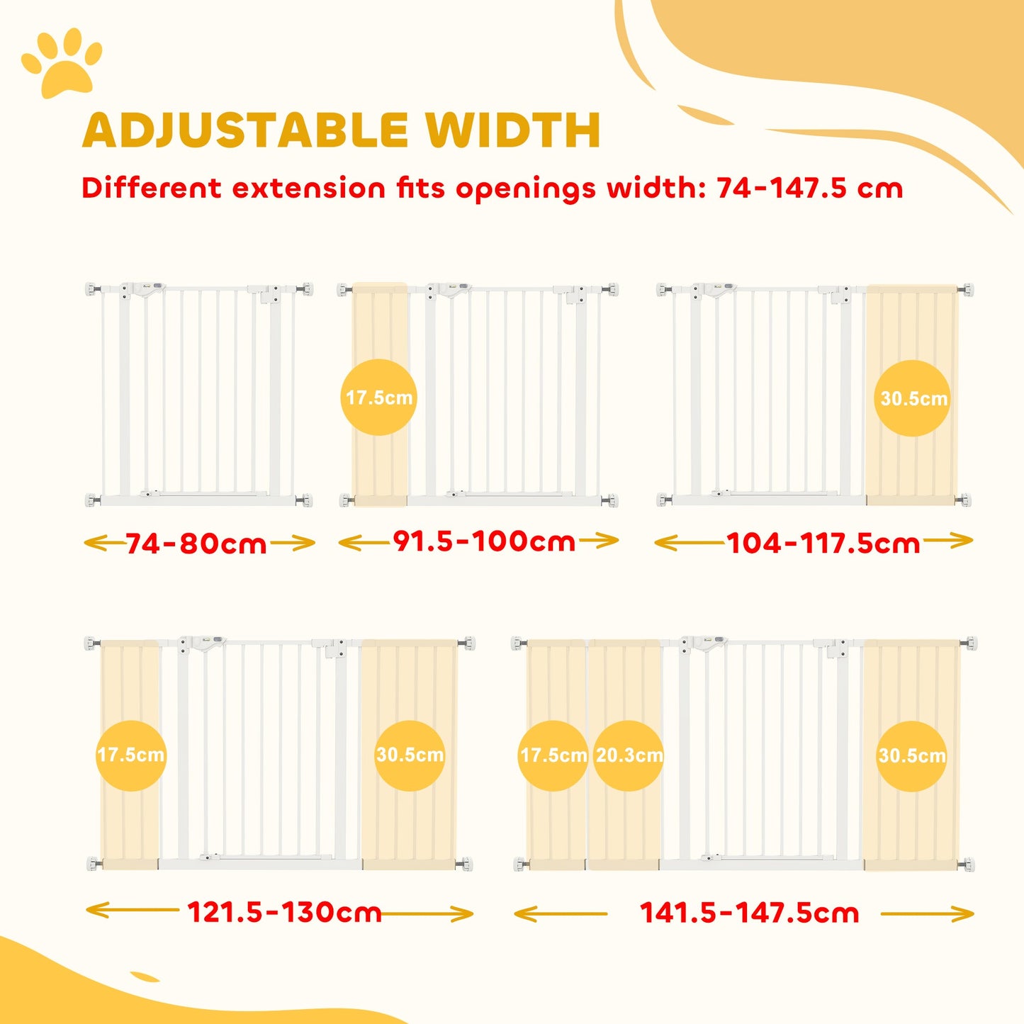 Dog Gate Stair Gate Pressure Fit Pets Barrier Auto Close for Doorway Hallway, 74-148cm Wide Adjustable, White