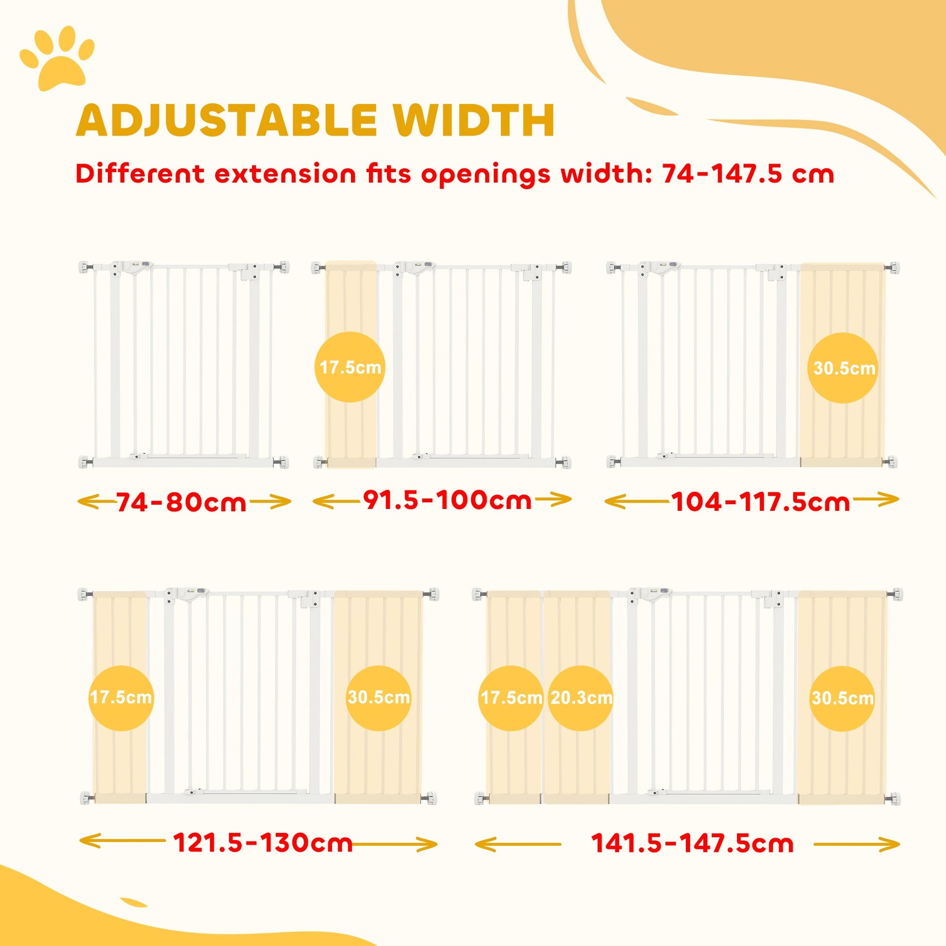 Dog Gate Stair Gate Pressure Fit Pets Barrier Auto Close for Doorway Hallway, 74-148cm Wide Adjustable, White