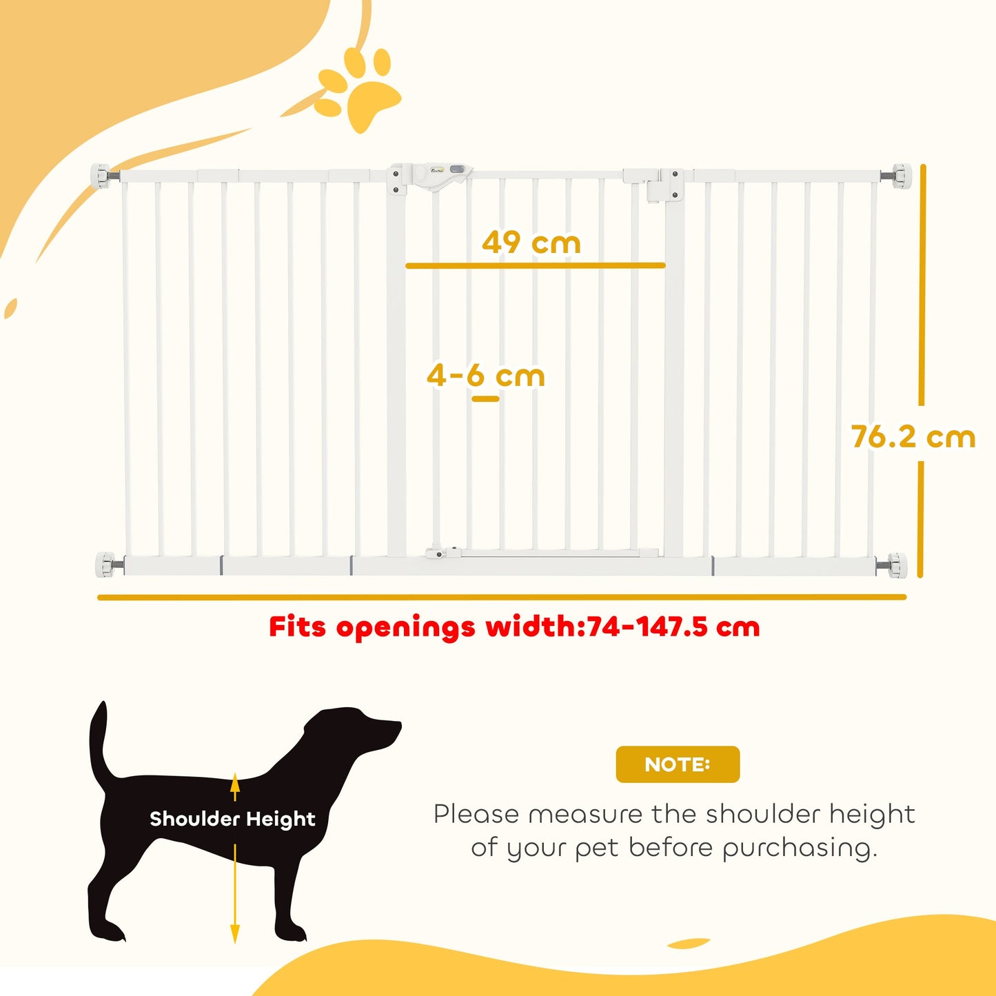 Dog Gate Stair Gate Pressure Fit Pets Barrier Auto Close for Doorway Hallway, 74-148cm Wide Adjustable, White