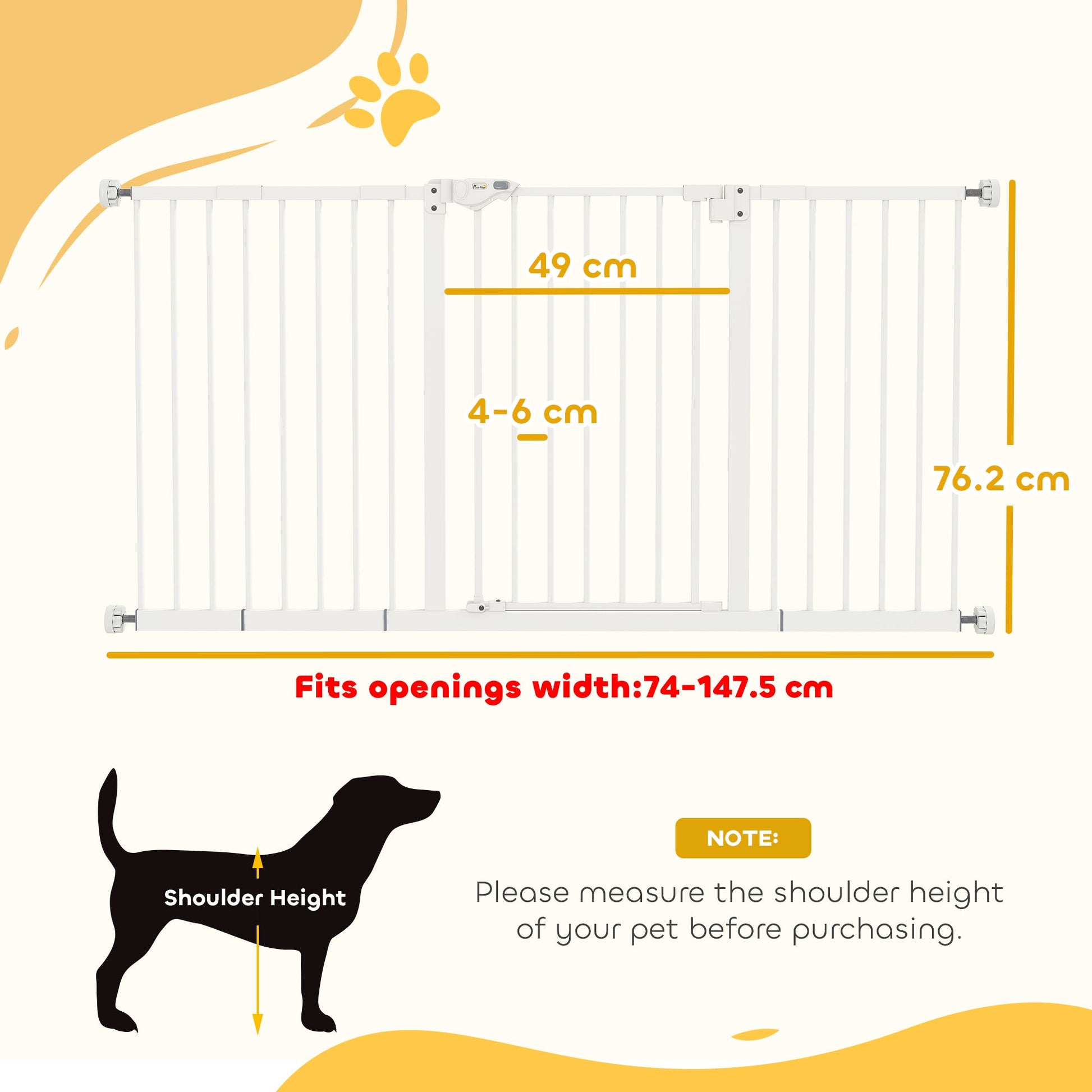 Dog Gate Stair Gate Pressure Fit Pets Barrier Auto Close for Doorway Hallway, 74-148cm Wide Adjustable, White
