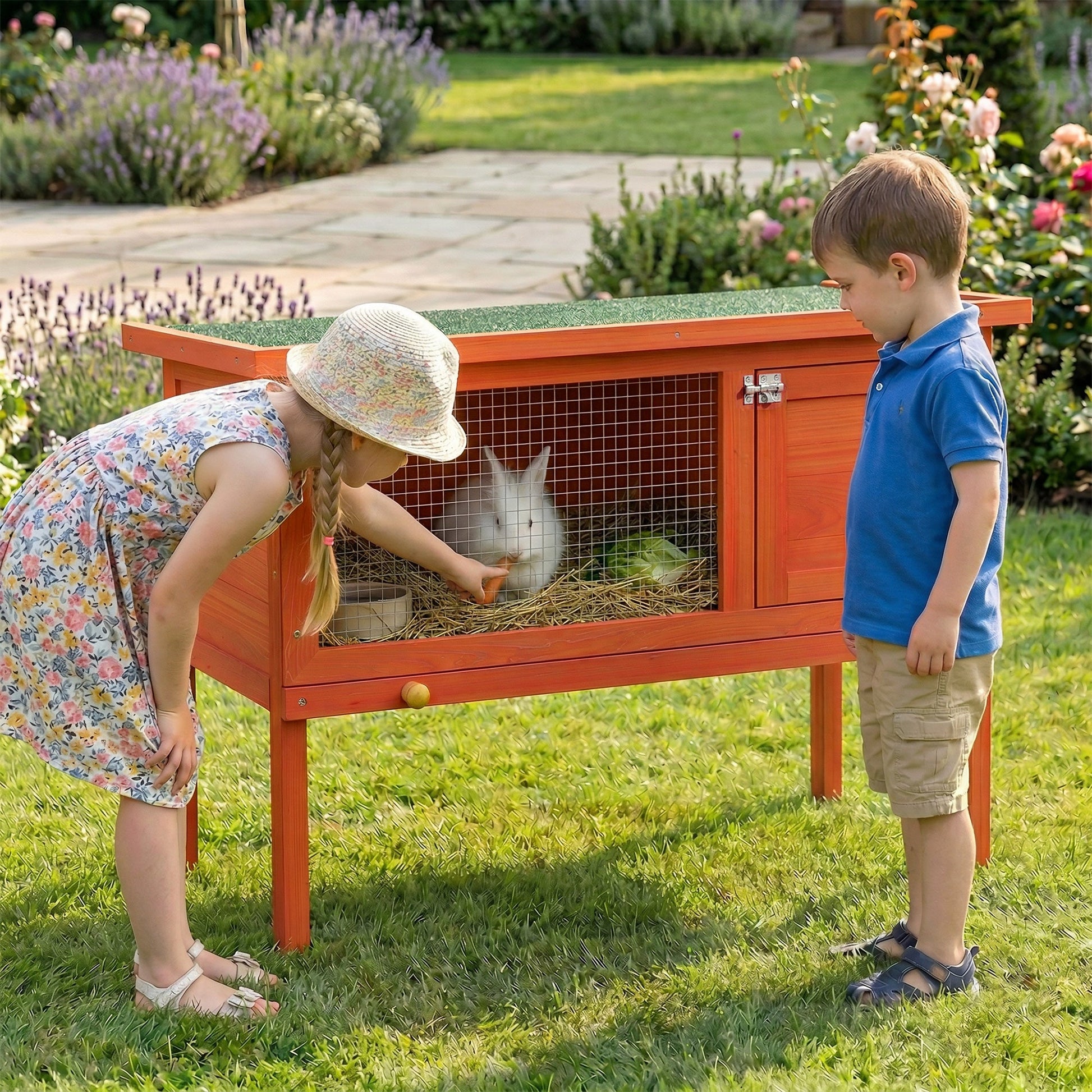 Wooden Rabbit Hutch, Guinea Pig Hutch with Openable Asphalt Roof and Pull-Out Tray, Outdoor Elevated Bunny House for Rabbits, Chinchillas and Small Animals, Indoor Outdoor Use, Orange