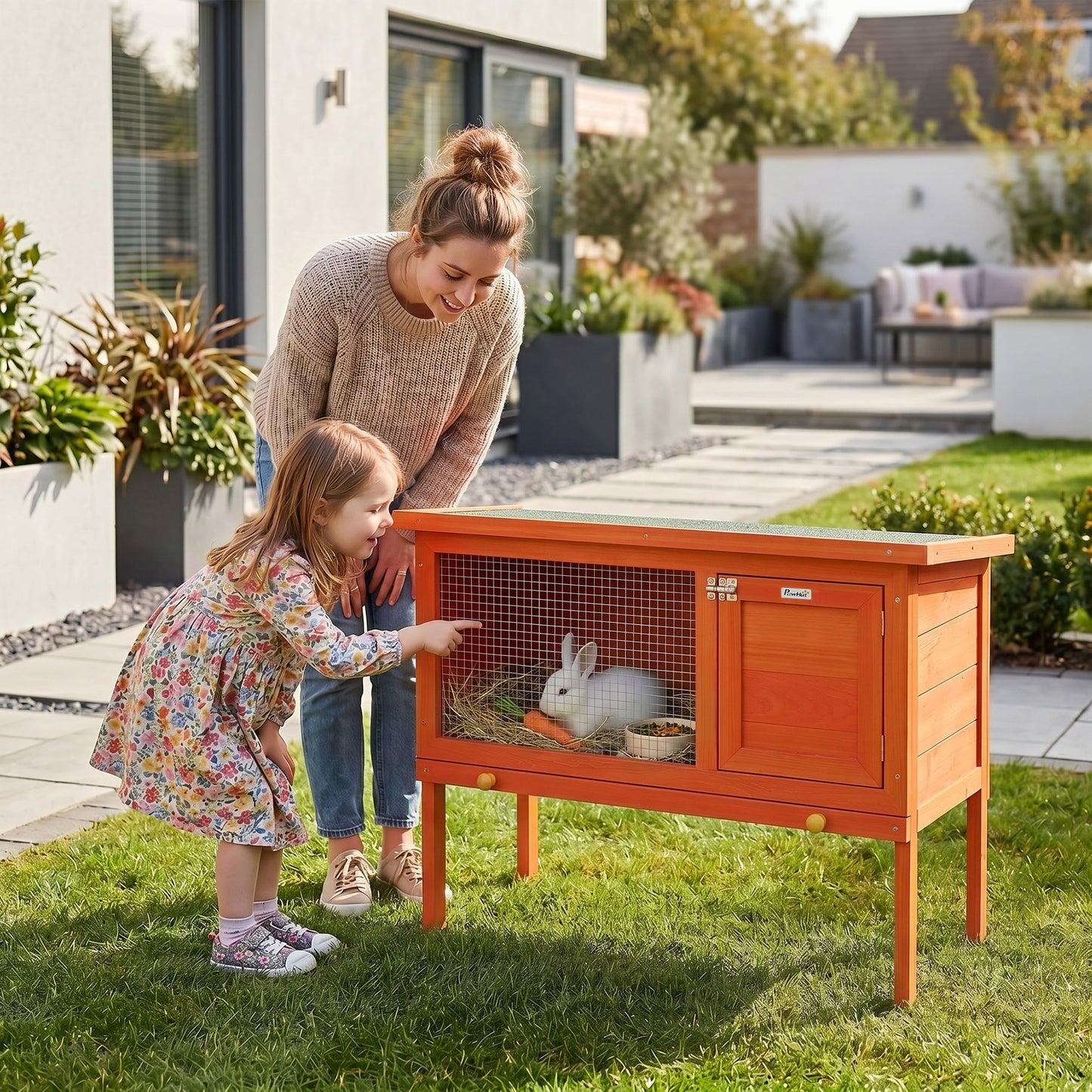 Wooden Rabbit Hutch, Guinea Pig Hutch with Openable Asphalt Roof and Pull-Out Tray, Outdoor Elevated Bunny House for Rabbits, Chinchillas and Small Animals, Indoor Outdoor Use, Orange