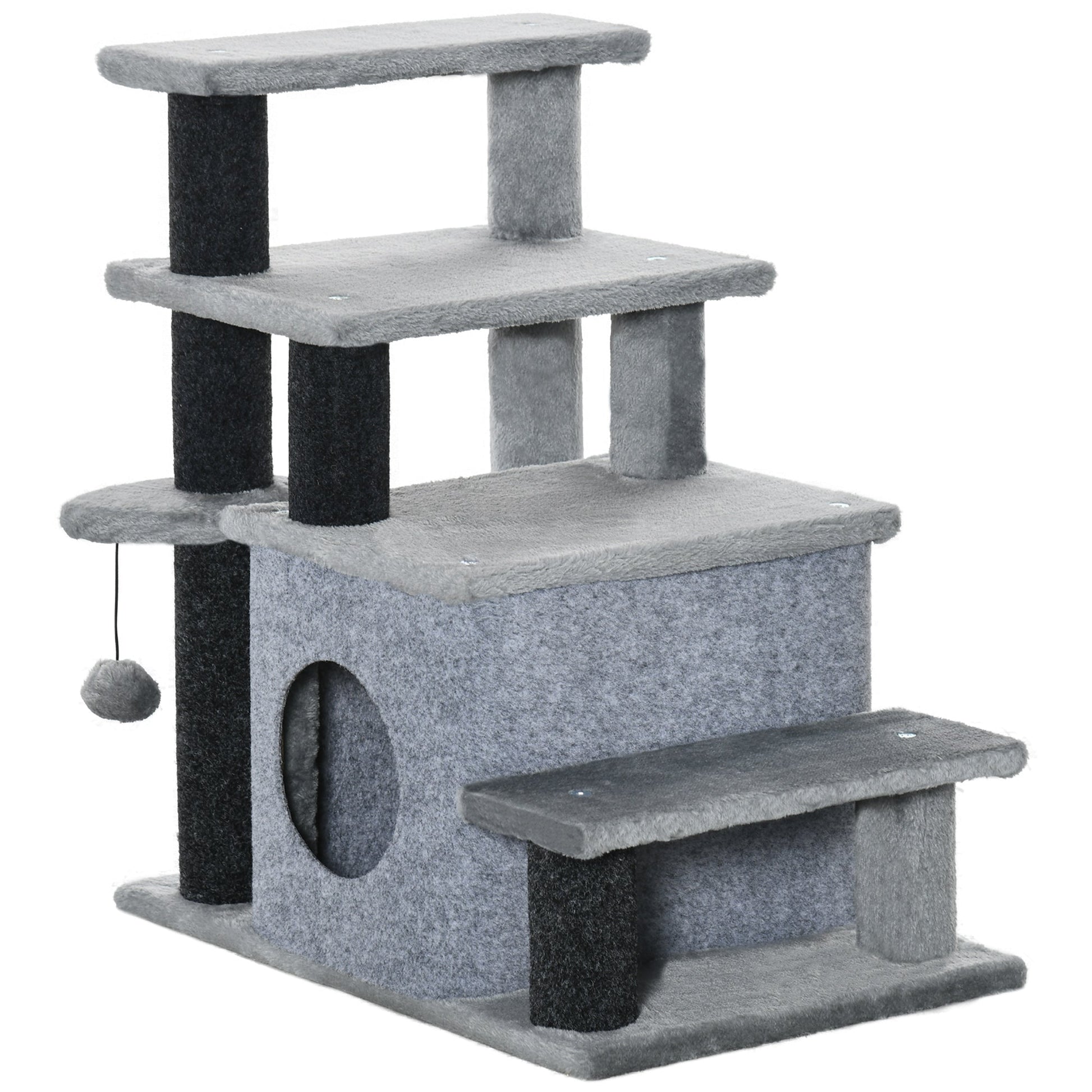 Dog Steps for Bed, 4 Step Pet Stairs with Cat House, Detachable Cover, Jute Scratching Post, Cat Climb ladder for Sofa w/ Hanging Balls  - Grey