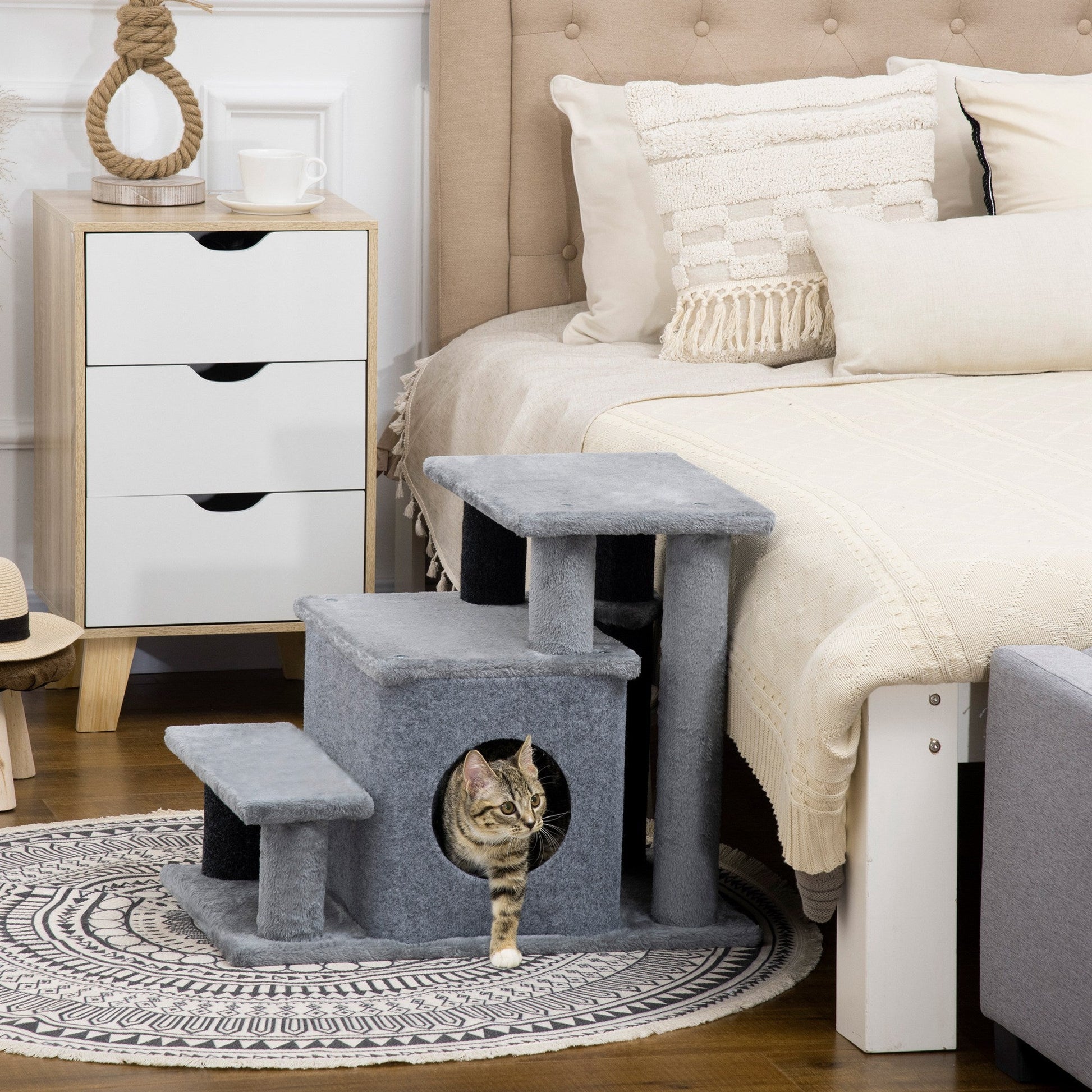Dog Steps for Bed, 4 Step Pet Stairs with Cat House, Detachable Cover, Jute Scratching Post, Cat Climb ladder for Sofa w/ Hanging Balls  - Grey