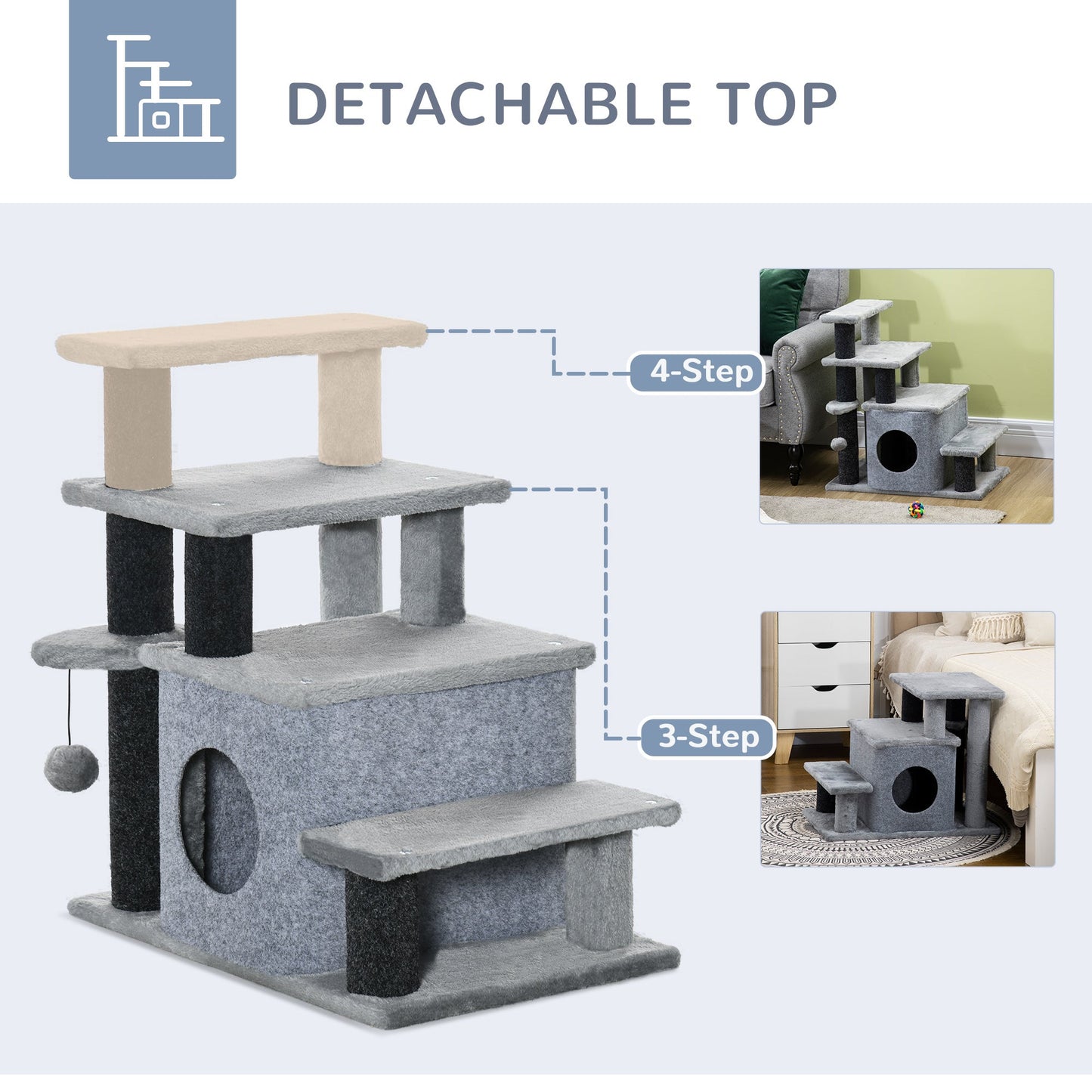 Dog Steps for Bed, 4 Step Pet Stairs with Cat House, Detachable Cover, Jute Scratching Post, Cat Climb ladder for Sofa w/ Hanging Balls  - Grey