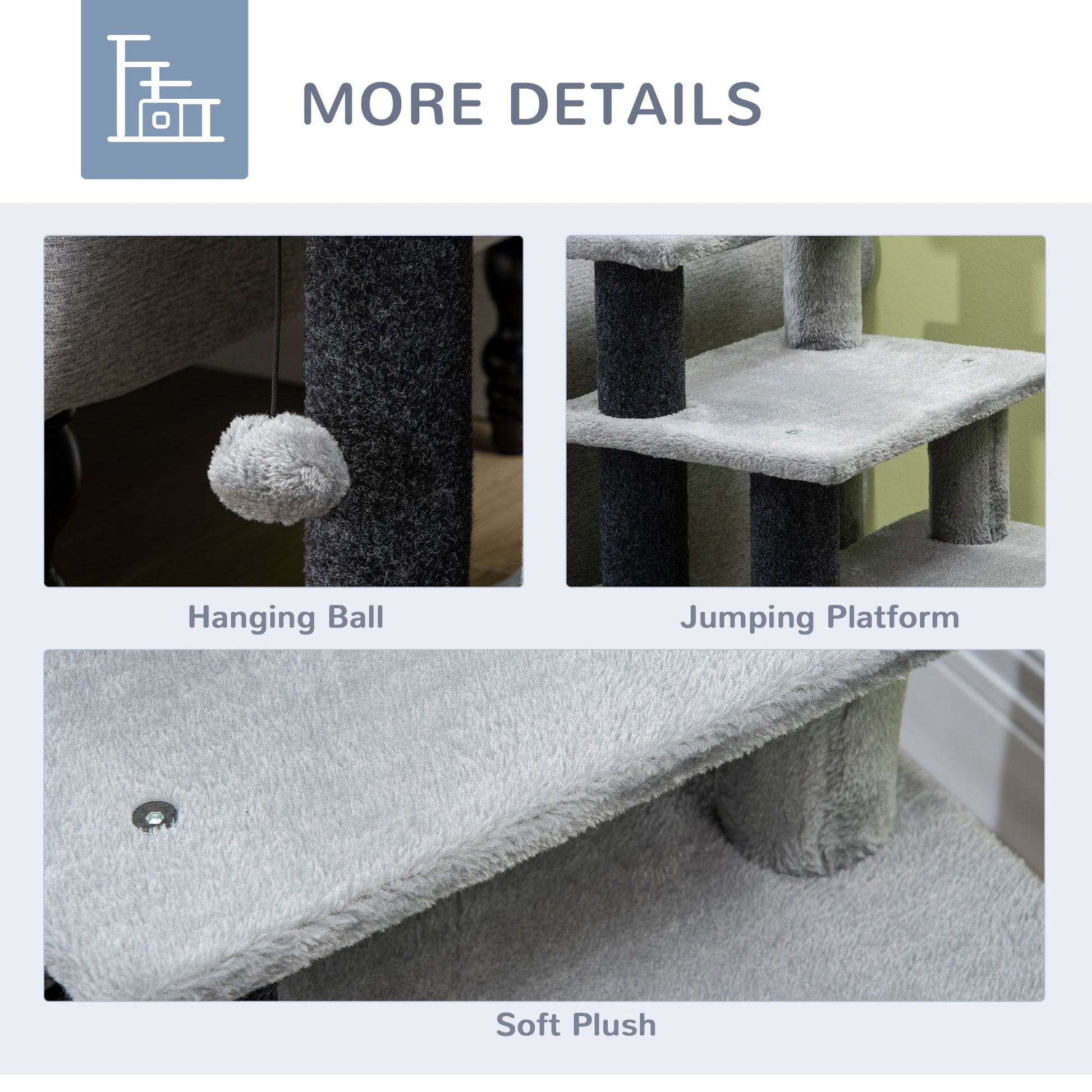 Dog Steps for Bed, 4 Step Pet Stairs with Cat House, Detachable Cover, Jute Scratching Post, Cat Climb ladder for Sofa w/ Hanging Balls  - Grey