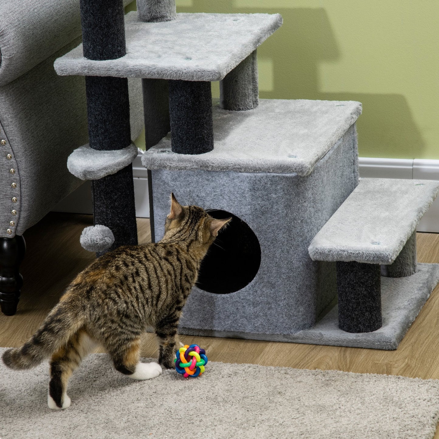 Dog Steps for Bed, 4 Step Pet Stairs with Cat House, Detachable Cover, Jute Scratching Post, Cat Climb ladder for Sofa w/ Hanging Balls  - Grey