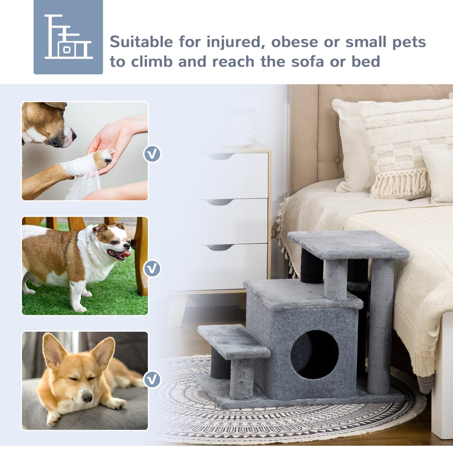 Dog Steps for Bed, 4 Step Pet Stairs with Cat House, Detachable Cover, Jute Scratching Post, Cat Climb ladder for Sofa w/ Hanging Balls  - Grey