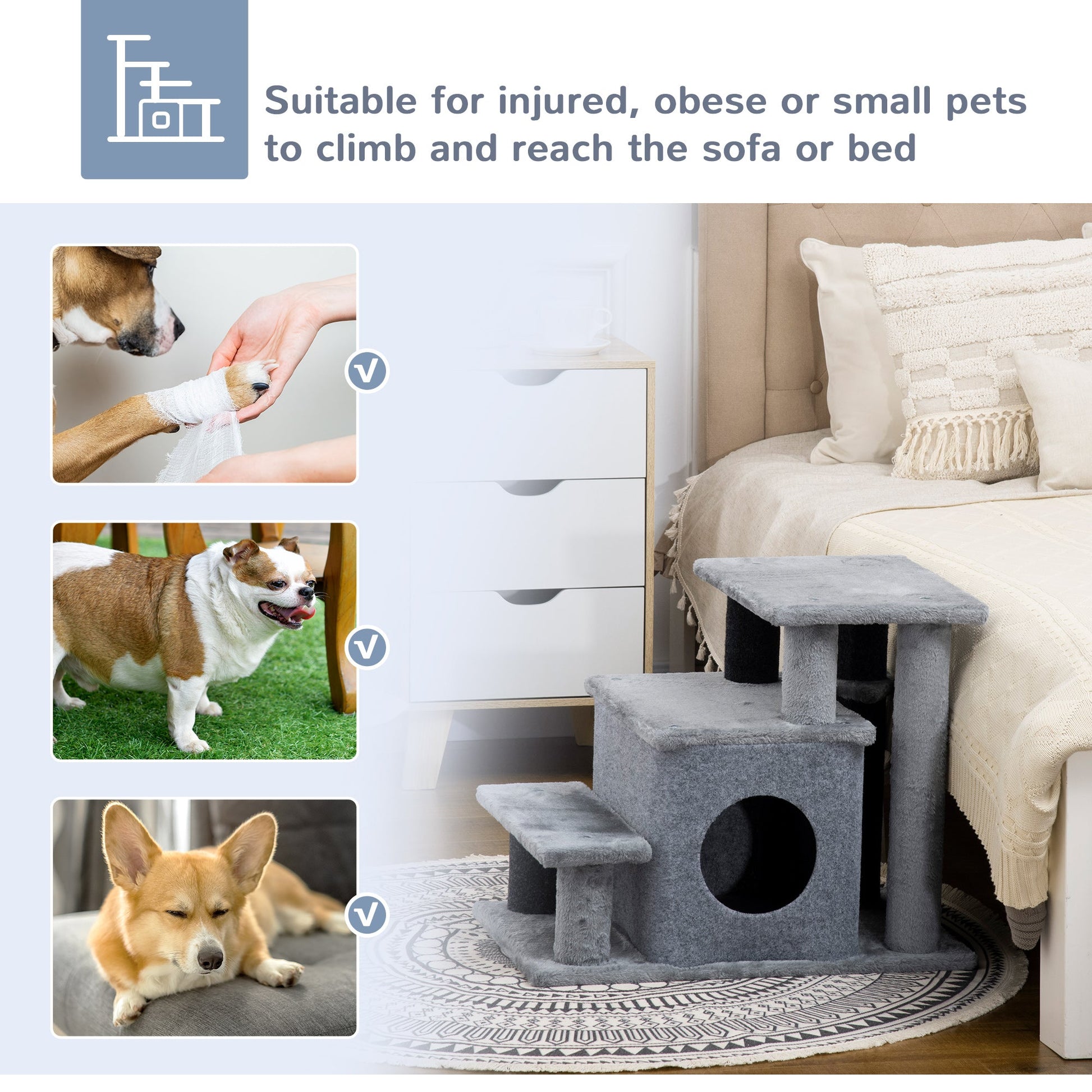 Dog Steps for Bed, 4 Step Pet Stairs with Cat House, Detachable Cover, Jute Scratching Post, Cat Climb ladder for Sofa w/ Hanging Balls  - Grey