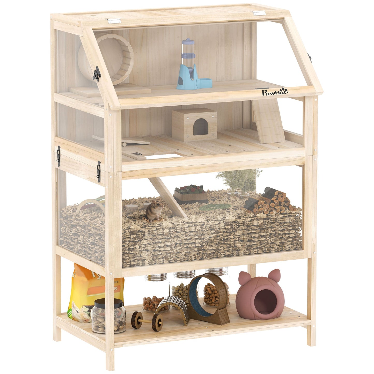 Wooden Hamster Cage, 3 Tier Small Animal Cage with Detachable Lower Floor, Storage Shelf, Hut, Seesaw, Exercise Wheel, Ramps, Hamster Habitat for Dwarf, Gerbil, 80L x 53W x 117H cm, Natural