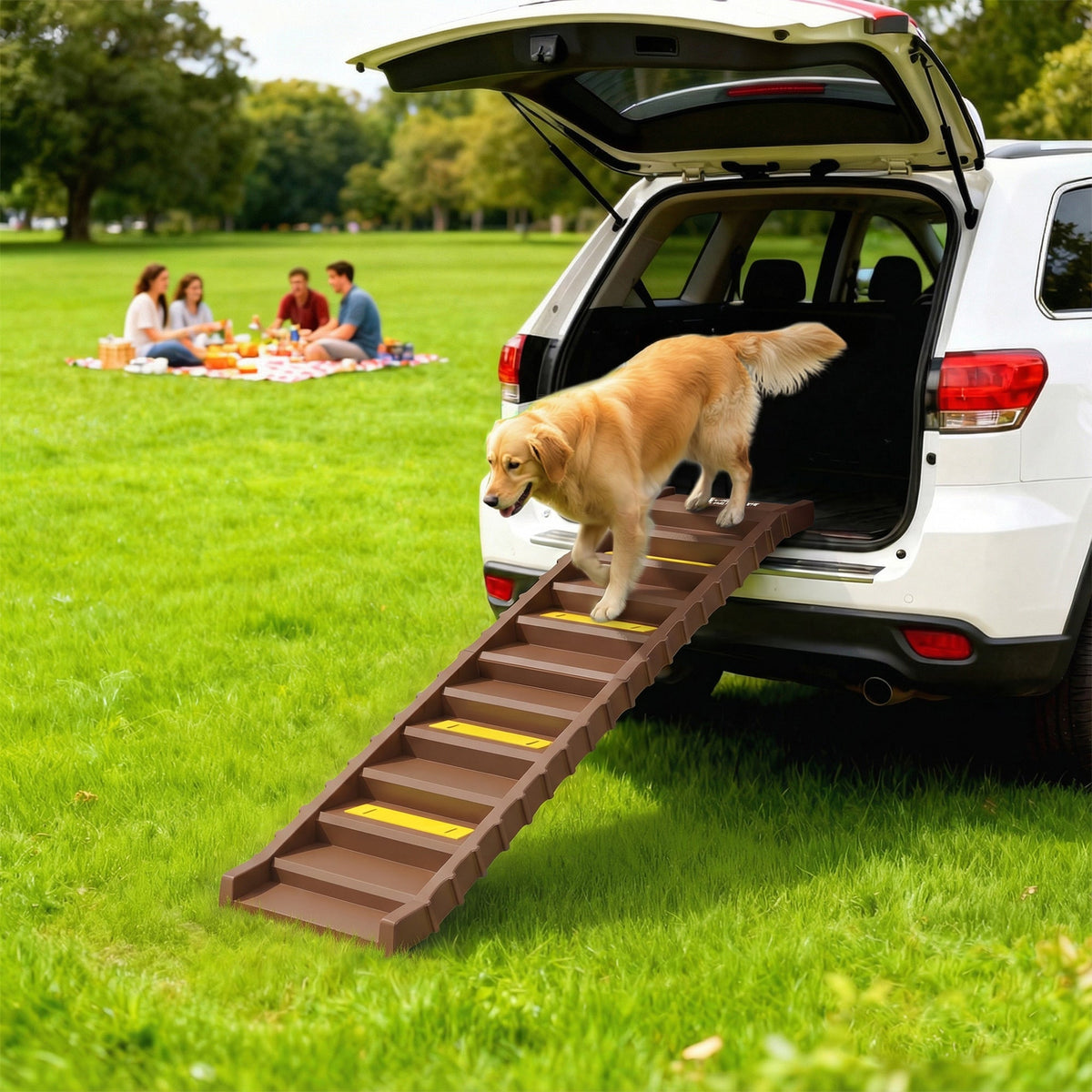 Foldable Dog Ramp for Cars High Bed, Portable 10-Step Dog Stairs with Non-Slip Strips & Pads, Lightweight Pet SUV Truck Steps, Support Up to 68 KG, Brown