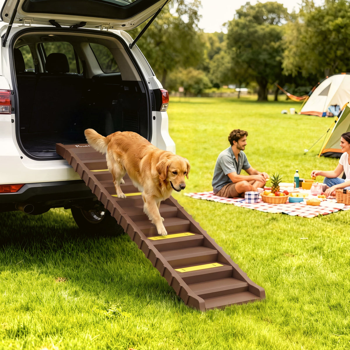 Foldable Dog Ramp for Cars High Bed, Portable 10-Step Dog Stairs with Non-Slip Strips & Pads, Lightweight Pet SUV Truck Steps, Support Up to 68 KG, Brown