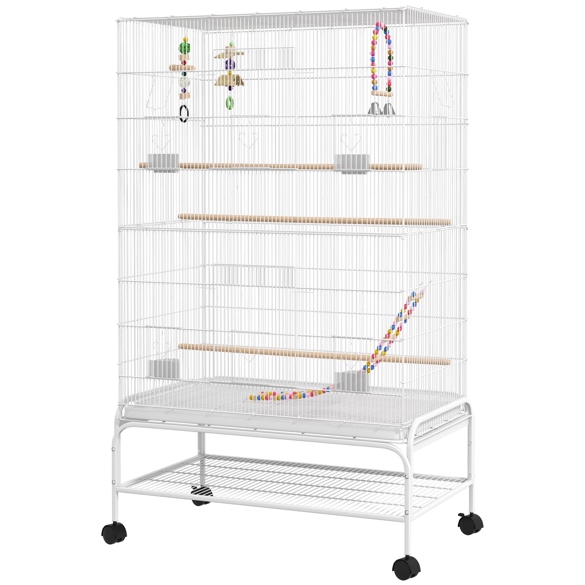 Large Bird Cage Budgie Cage with Stand, Toys, Wheels, Accessories, Storage Shelf for Canaries, Finches, Lovebirds, Parakeets - White, 79 x 49 x 133 cm