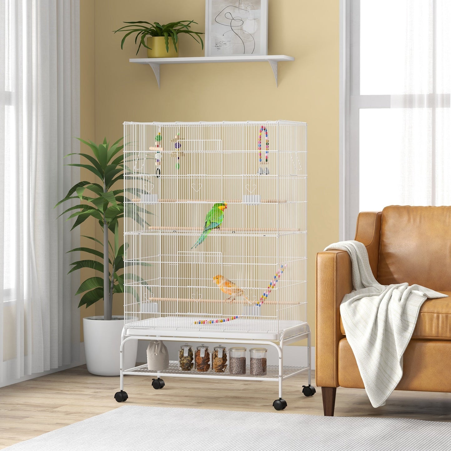 Large Bird Cage Budgie Cage with Stand, Toys, Wheels, Accessories, Storage Shelf for Canaries, Finches, Lovebirds, Parakeets - White, 79 x 49 x 133 cm