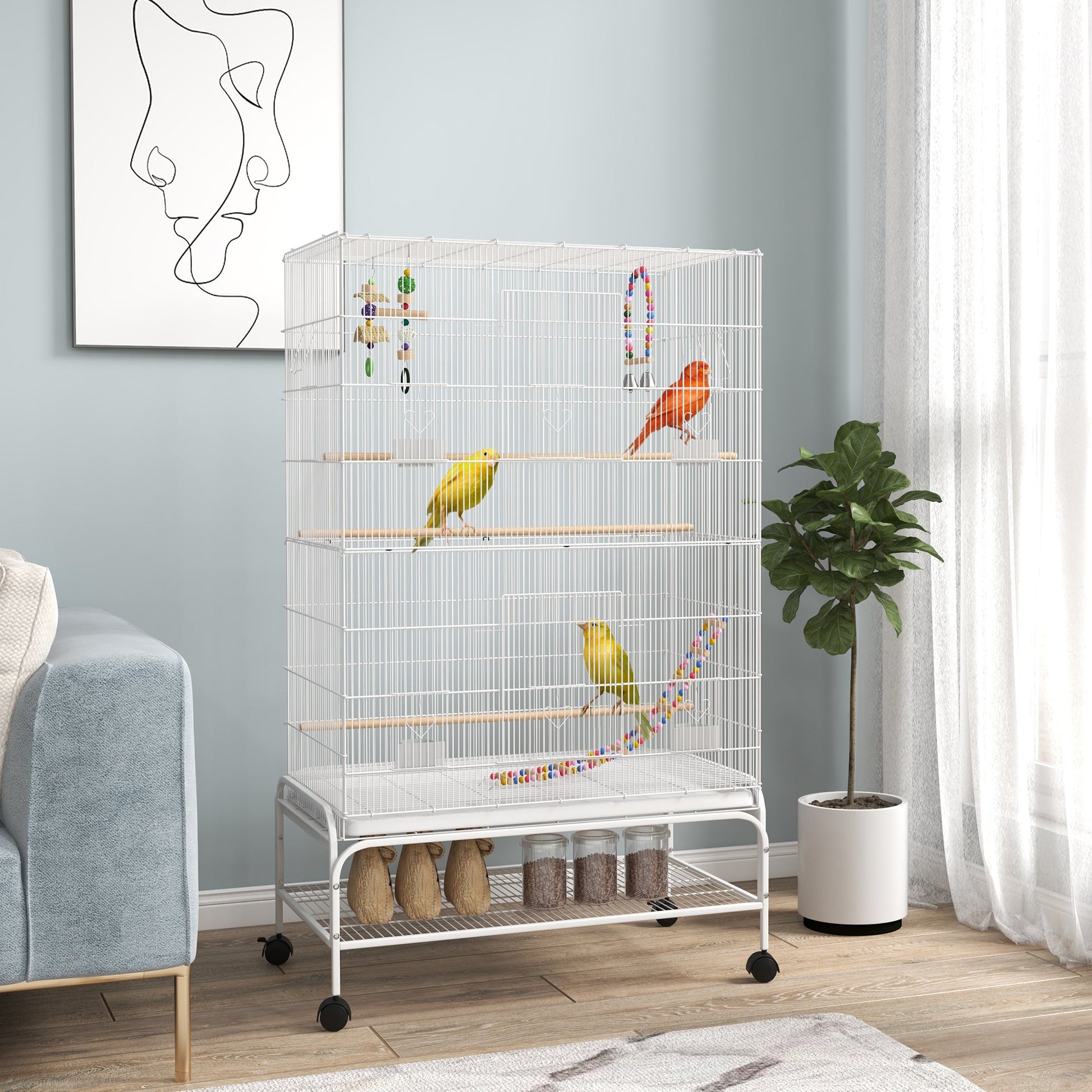 Large Bird Cage Budgie Cage with Stand, Toys, Wheels, Accessories, Storage Shelf for Canaries, Finches, Lovebirds, Parakeets - White, 79 x 49 x 133 cm