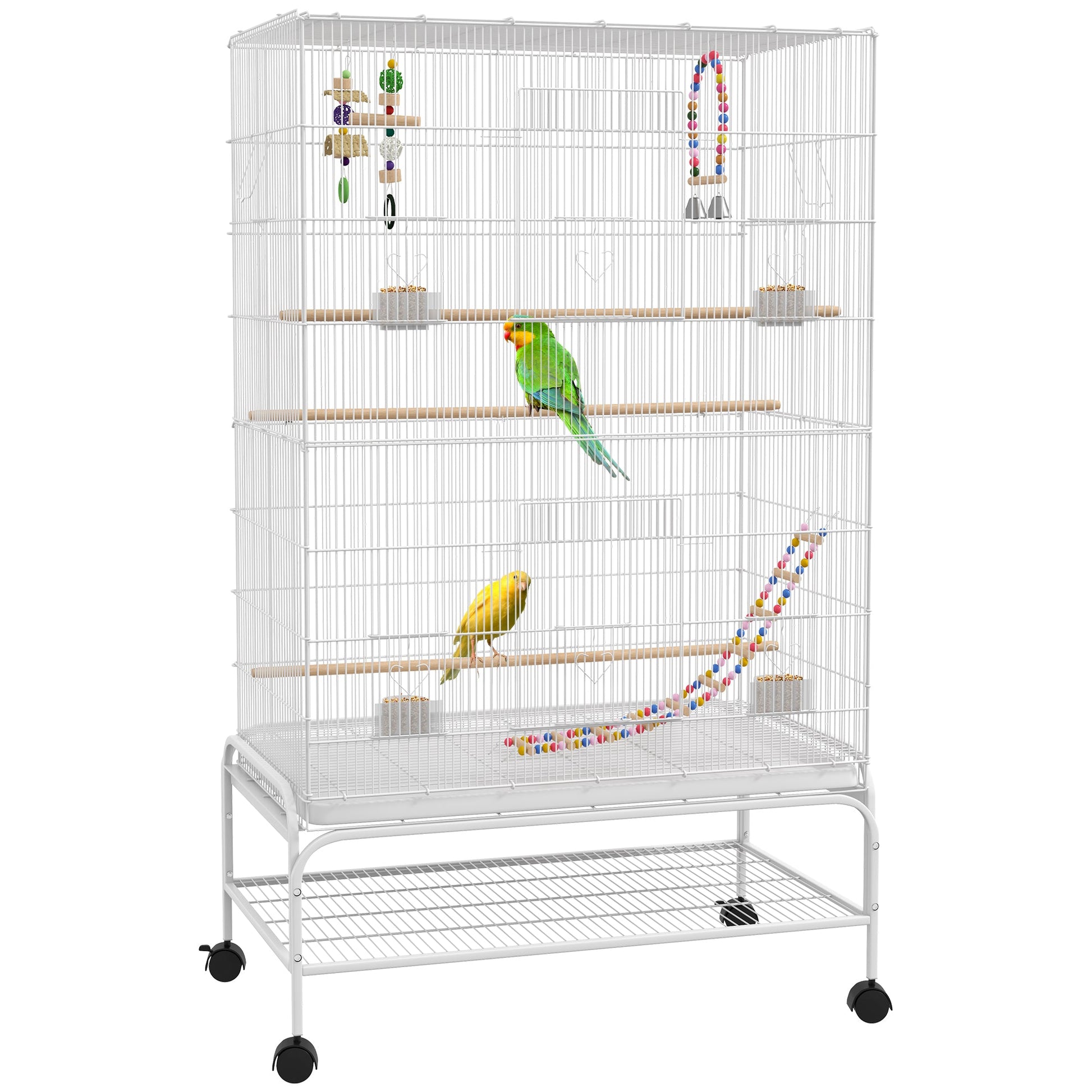 Large Bird Cage Budgie Cage with Stand, Toys, Wheels, Accessories, Storage Shelf for Canaries, Finches, Lovebirds, Parakeets - White, 79 x 49 x 133 cm
