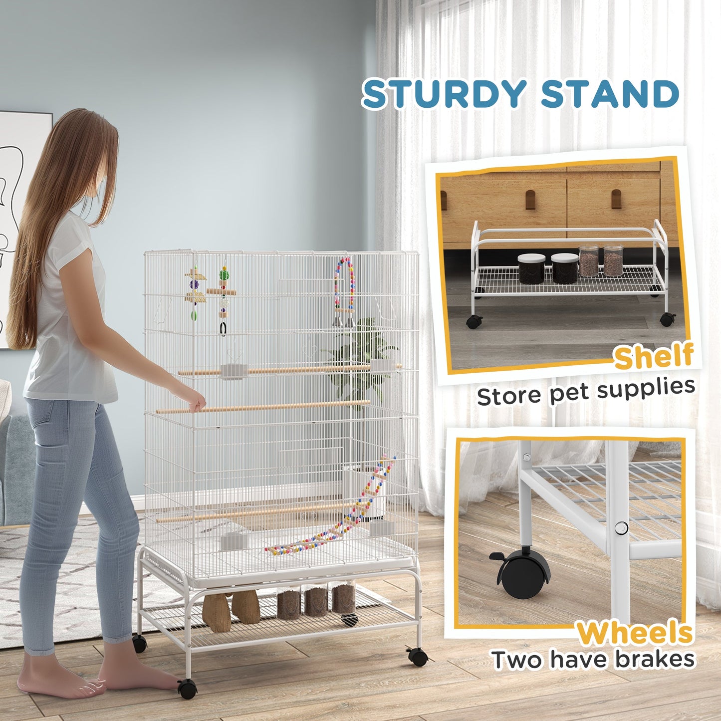 Large Bird Cage Budgie Cage with Stand, Toys, Wheels, Accessories, Storage Shelf for Canaries, Finches, Lovebirds, Parakeets - White, 79 x 49 x 133 cm