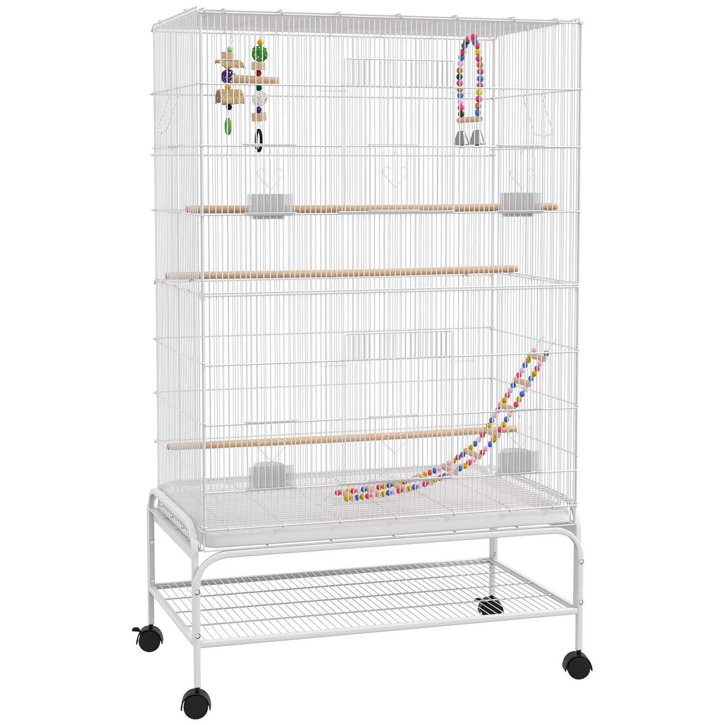 Large Bird Cage Budgie Cage with Stand, Toys, Wheels, Accessories, Storage Shelf for Canaries, Finches, Lovebirds, Parakeets - White, 79 x 49 x 133 cm