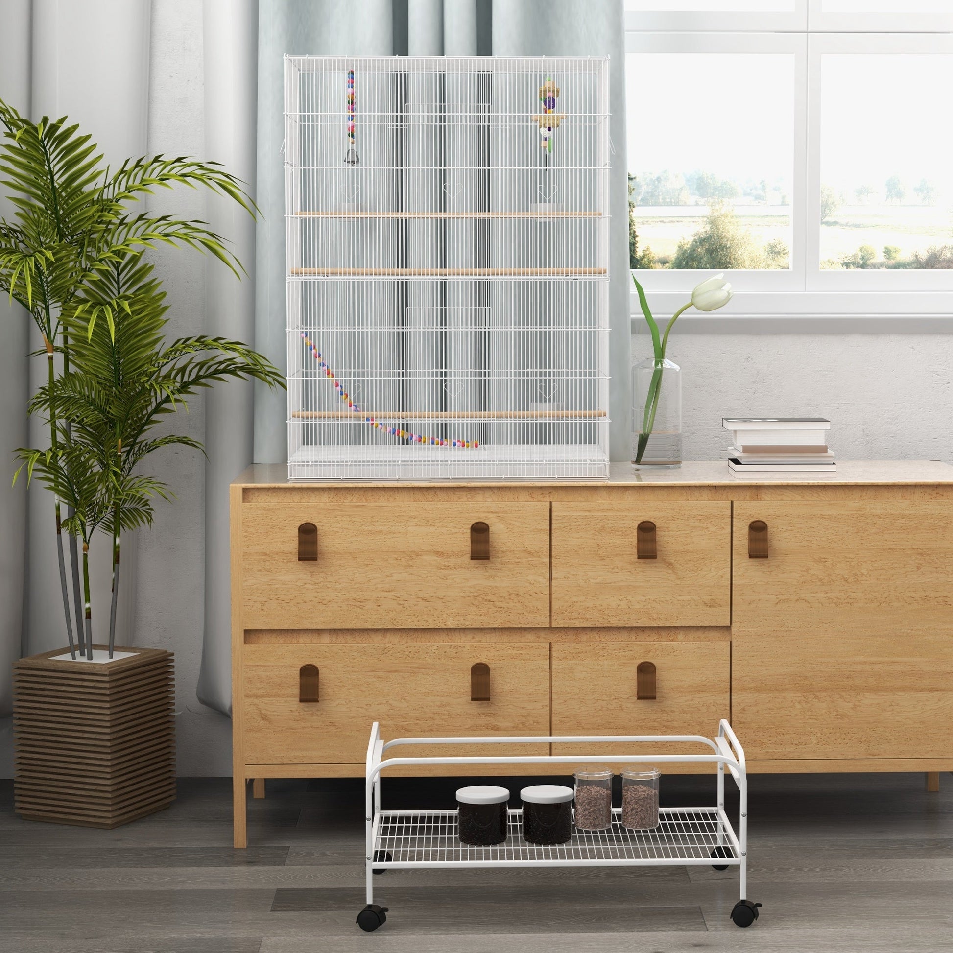 Large Bird Cage Budgie Cage with Stand, Toys, Wheels, Accessories, Storage Shelf for Canaries, Finches, Lovebirds, Parakeets - White, 79 x 49 x 133 cm