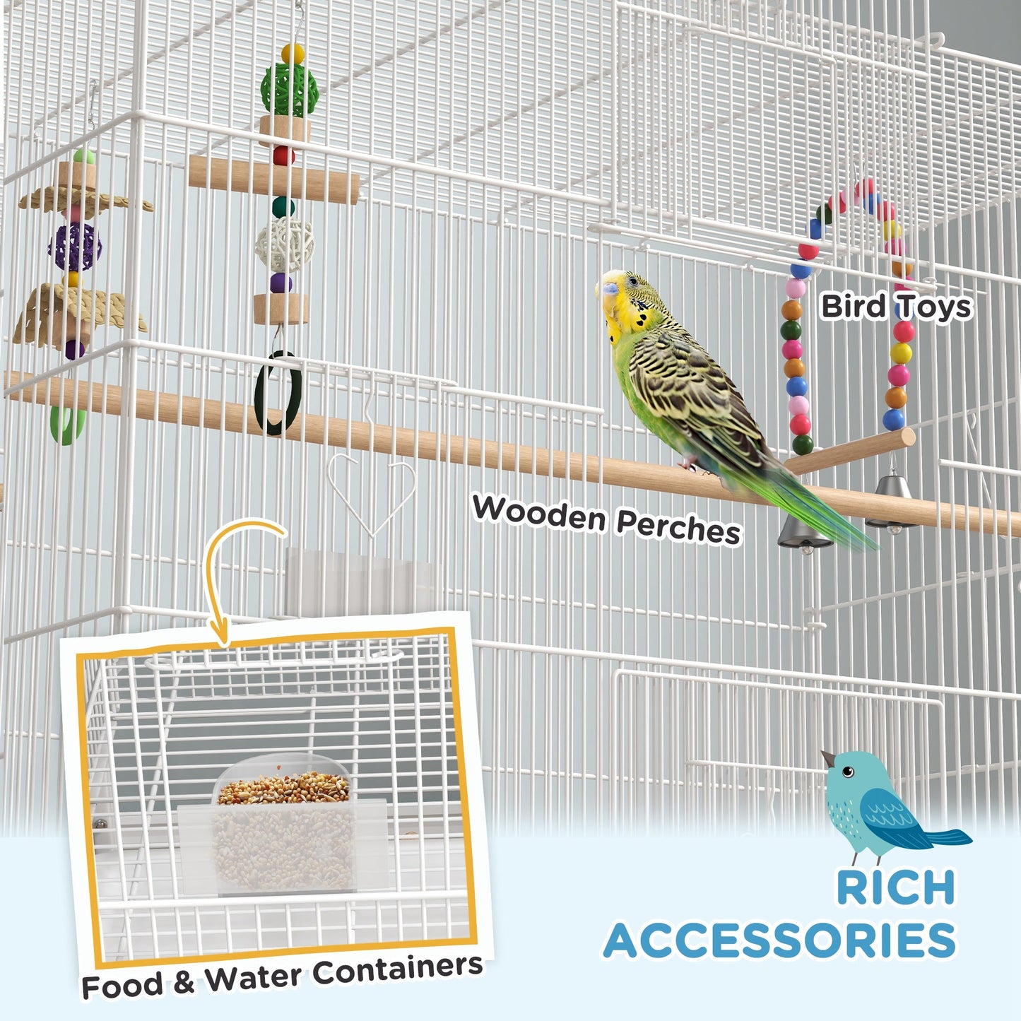 Large Bird Cage Budgie Cage with Stand, Toys, Wheels, Accessories, Storage Shelf for Canaries, Finches, Lovebirds, Parakeets - White, 79 x 49 x 133 cm