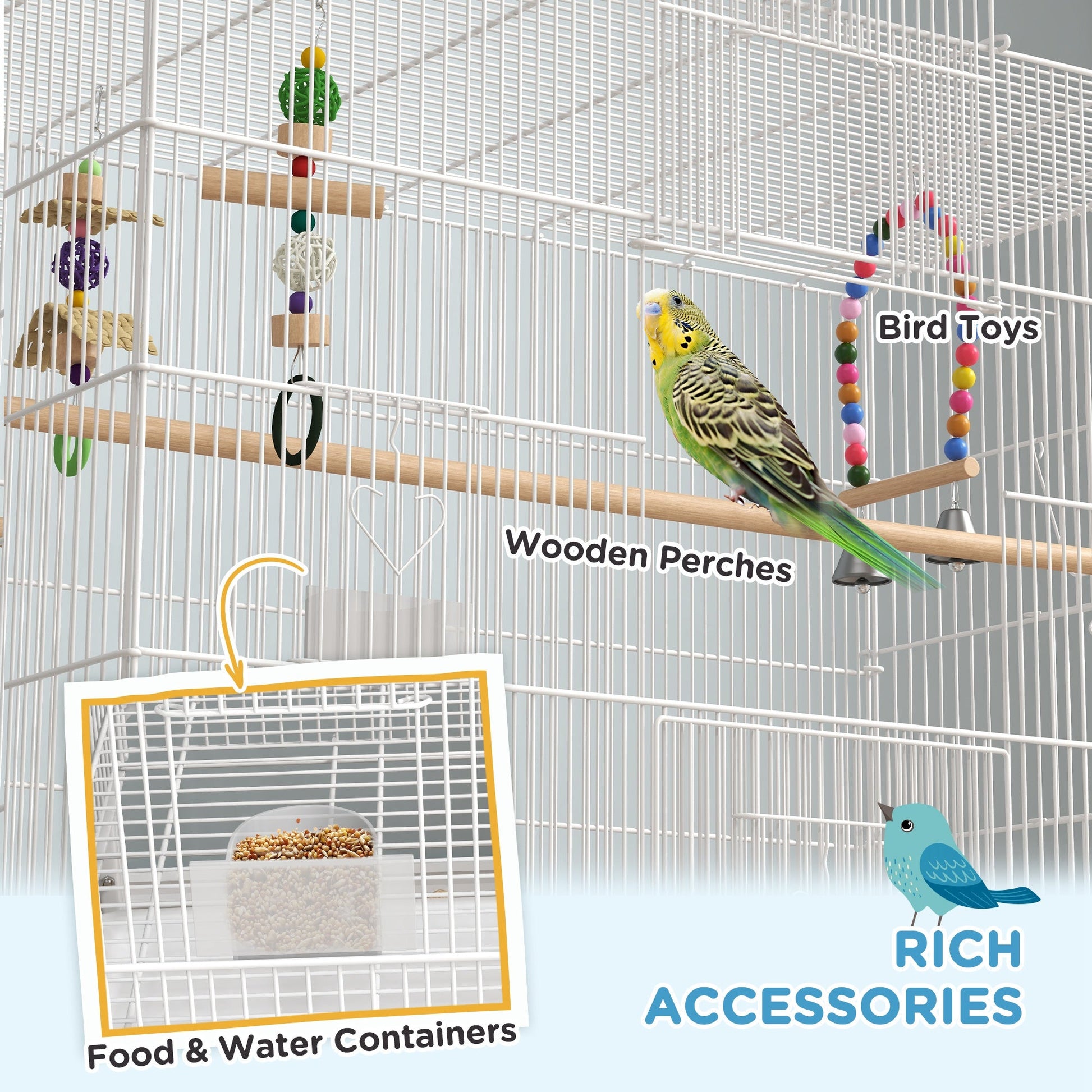 Large Bird Cage Budgie Cage with Stand, Toys, Wheels, Accessories, Storage Shelf for Canaries, Finches, Lovebirds, Parakeets - White, 79 x 49 x 133 cm