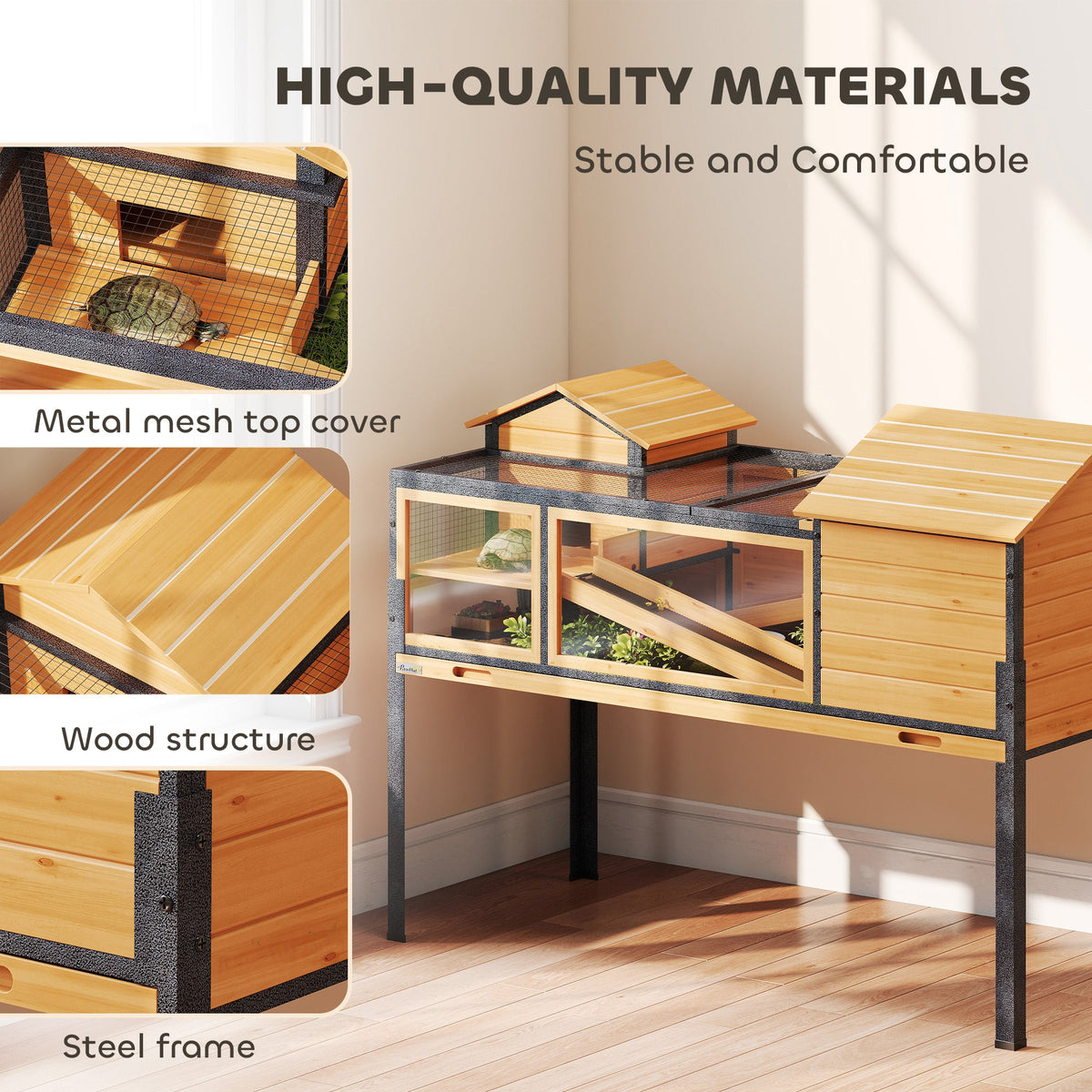 Tortoise House with 2 Rooms, Wooden Reptile Enclosure Habitat with Clear Windows, Ramps, Openable Top, Built-in Tray, with Stand Legs for Indoor Use, Yellow