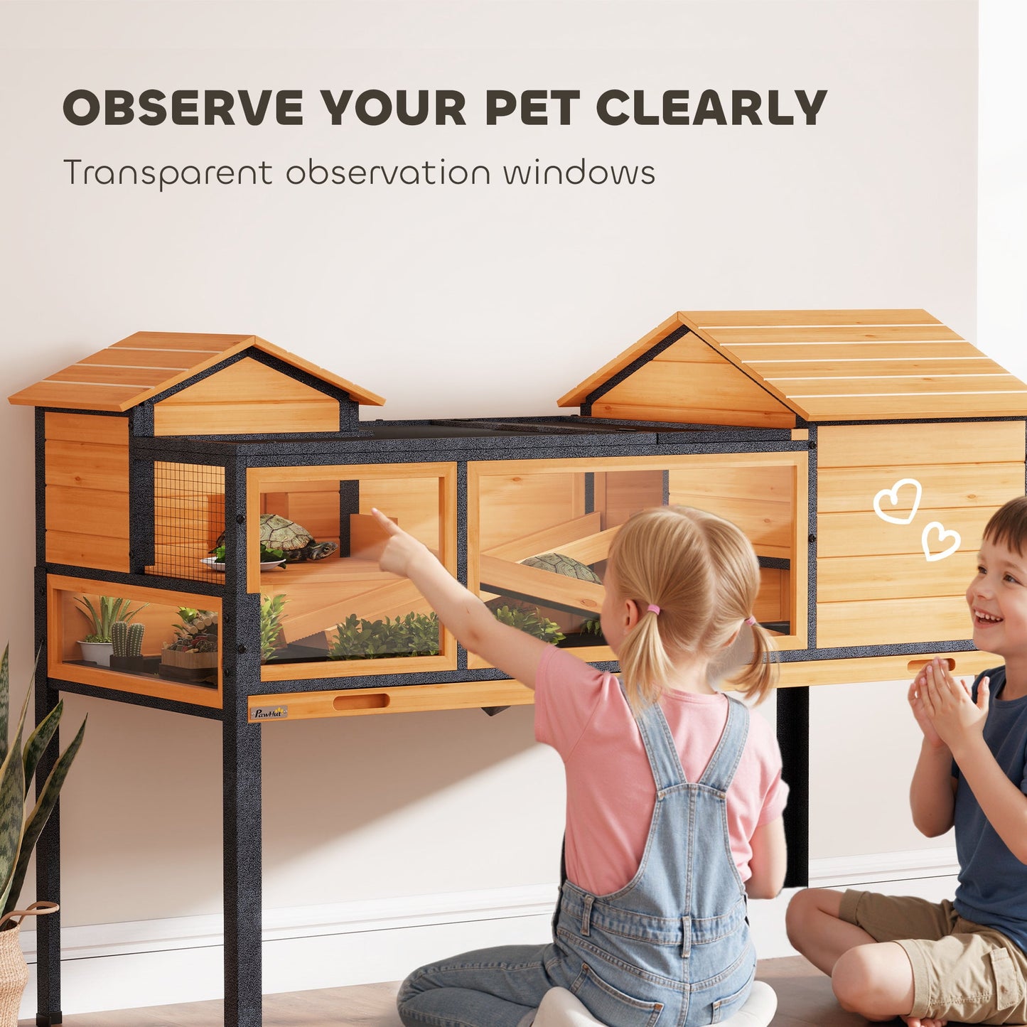 Tortoise House with 2 Rooms, Wooden Reptile Enclosure Habitat with Clear Windows, Ramps, Openable Top, Built-in Tray, with Stand Legs for Indoor Use, Yellow
