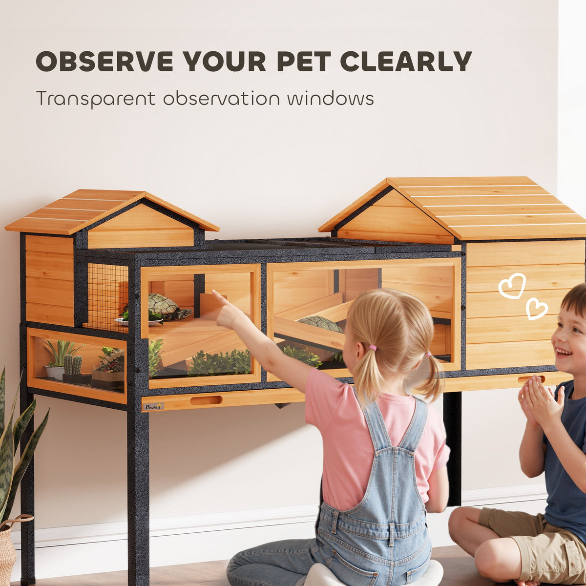 Tortoise House with 2 Rooms, Wooden Reptile Enclosure Habitat with Clear Windows, Ramps, Openable Top, Built-in Tray, with Stand Legs for Indoor Use, Yellow