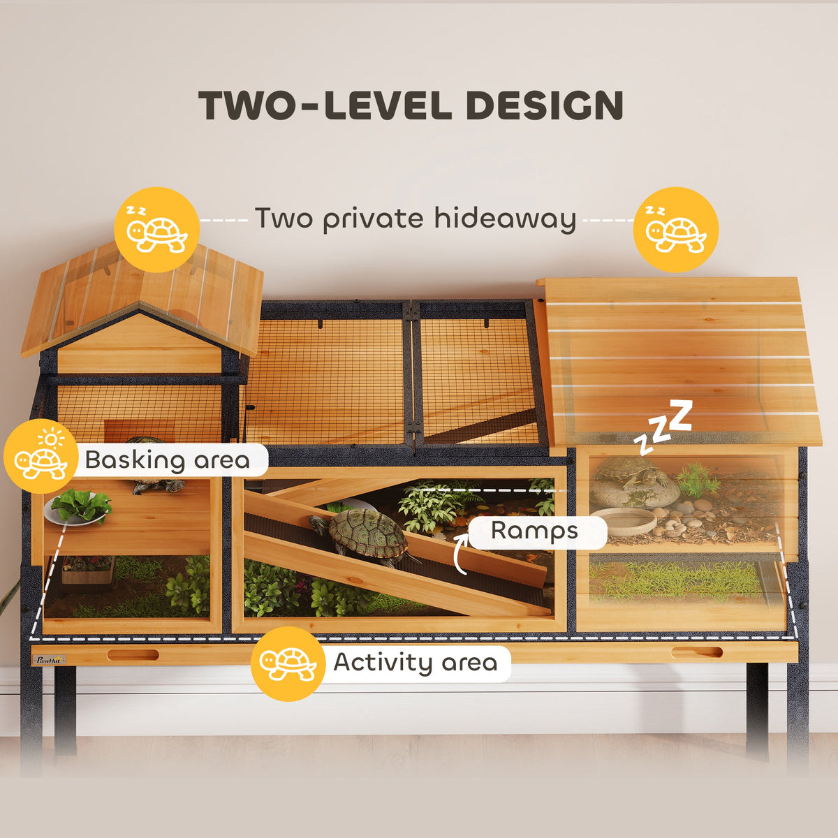 Tortoise House with 2 Rooms, Wooden Reptile Enclosure Habitat with Clear Windows, Ramps, Openable Top, Built-in Tray, with Stand Legs for Indoor Use, Yellow