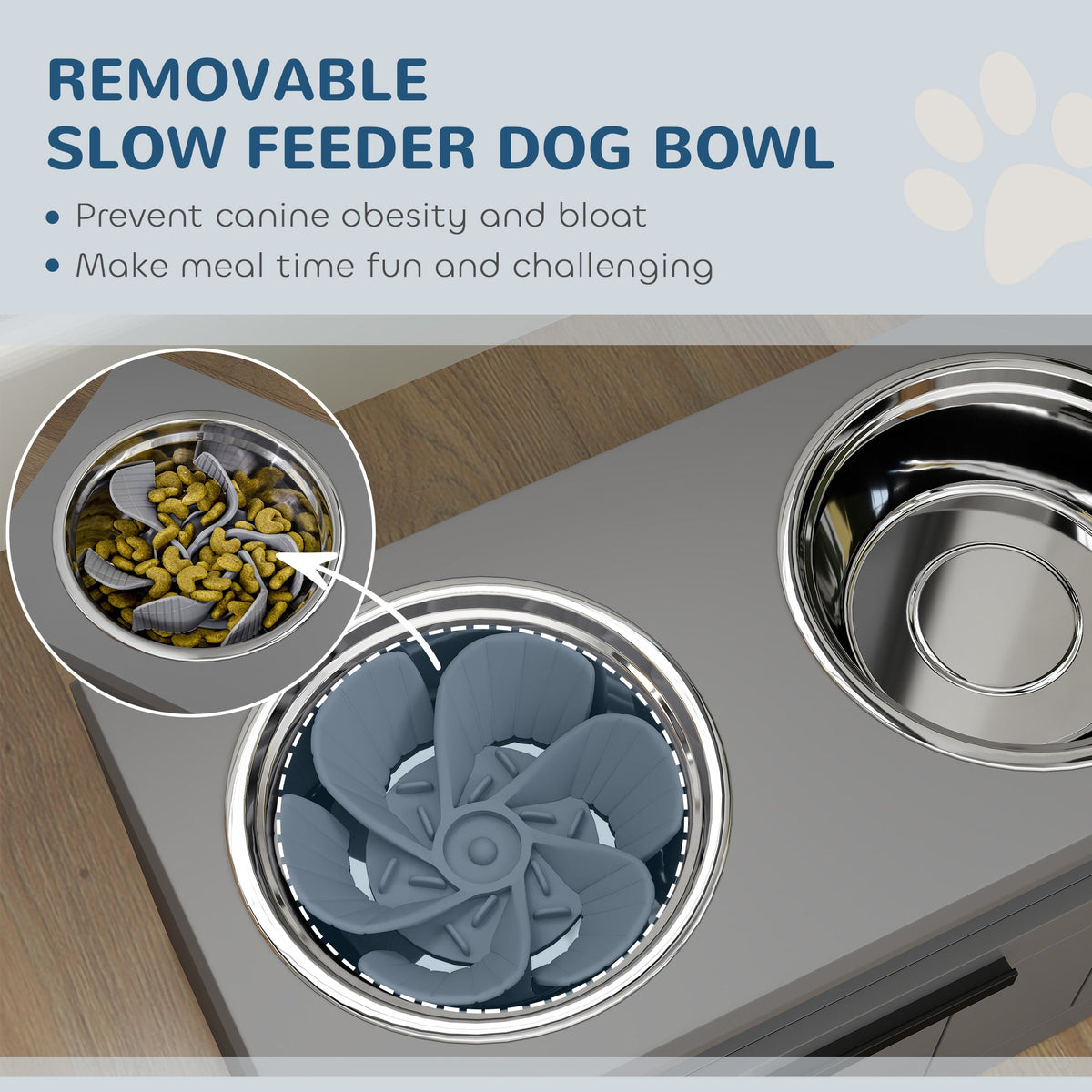 Raised Dog Bowl, Elevated Pet Bowls with Slow Feeder, Two Stainless Steel Bowls, Drawer, for Large & Extra Large Dogs, Grey