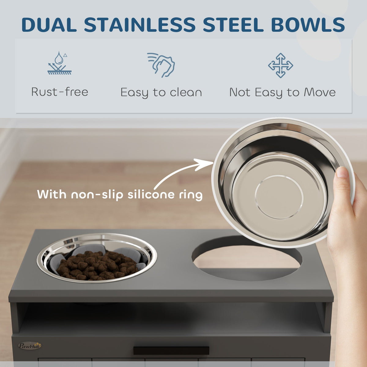 Raised Dog Bowl, Elevated Pet Bowls with Slow Feeder, Two Stainless Steel Bowls, Drawer, for Large & Extra Large Dogs, Grey