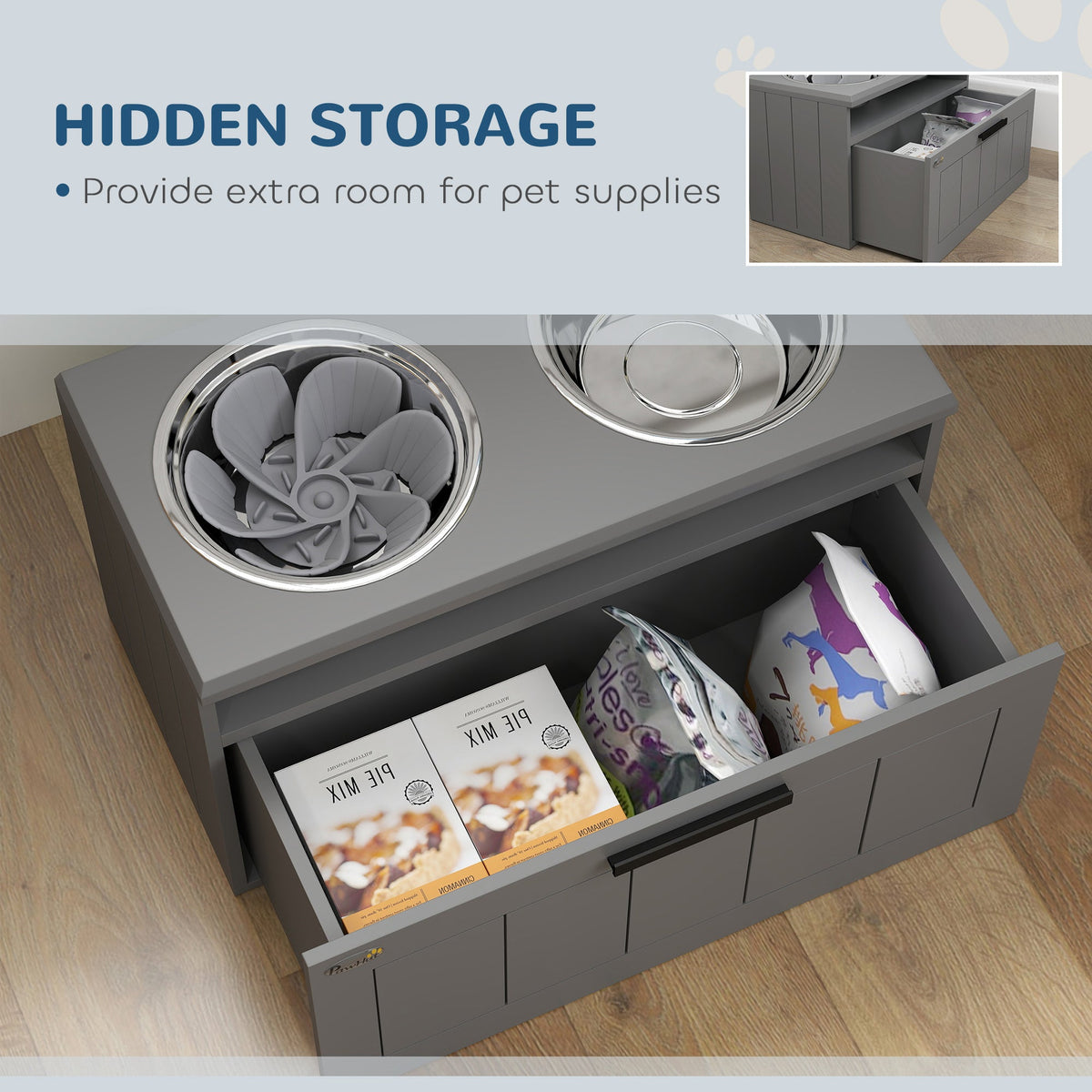 Raised Dog Bowl, Elevated Pet Bowls with Slow Feeder, Two Stainless Steel Bowls, Drawer, for Large & Extra Large Dogs, Grey