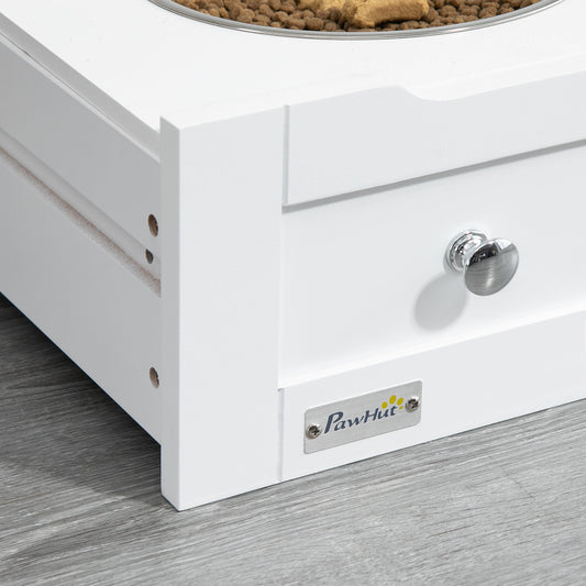 Pet Feeder Station, Dog Food Storage Container w/ Raised Dog Bowls, Hanger, for Food and Water - White