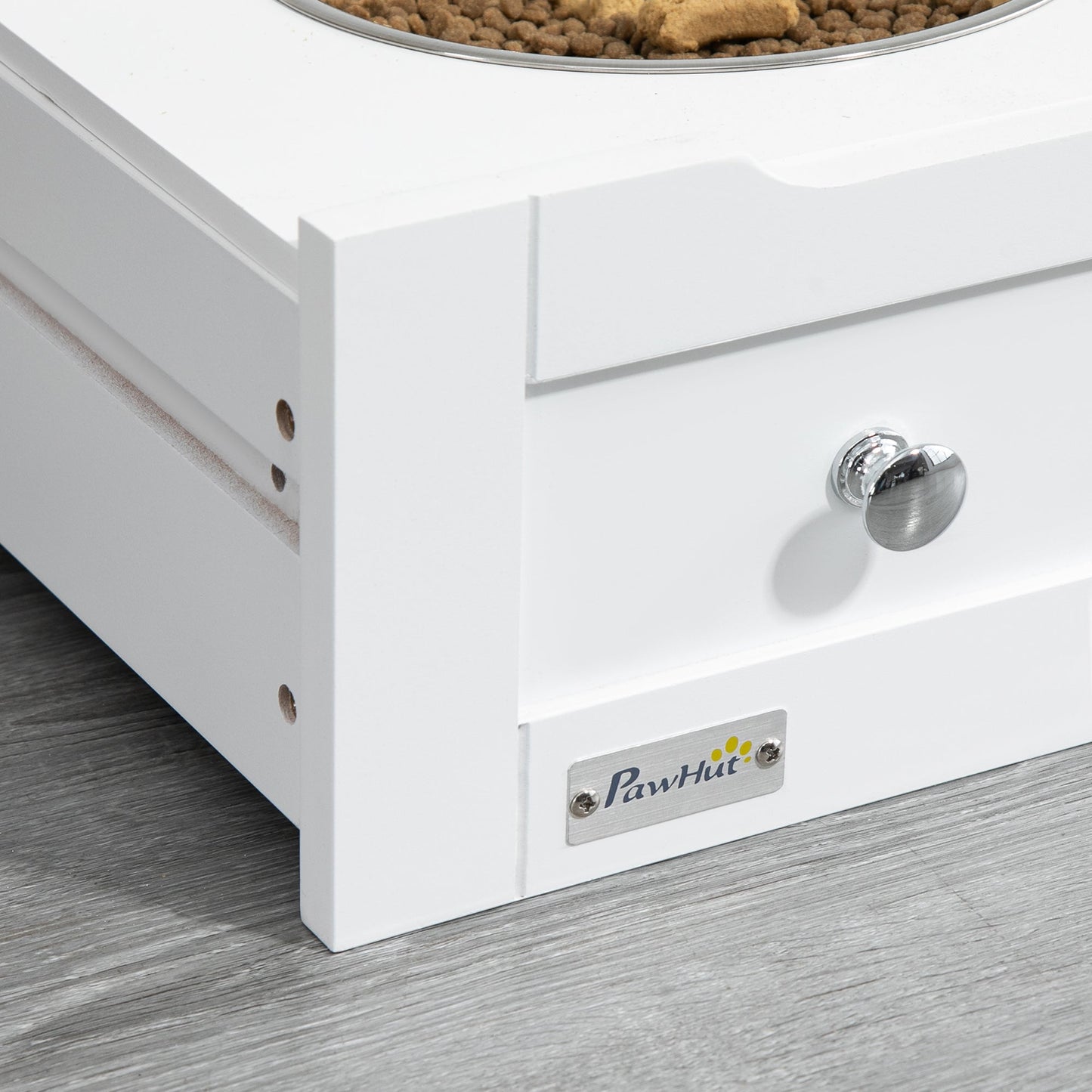 Pet Feeder Station, Dog Food Storage Container w/ Raised Dog Bowls, Hanger, for Food and Water - White