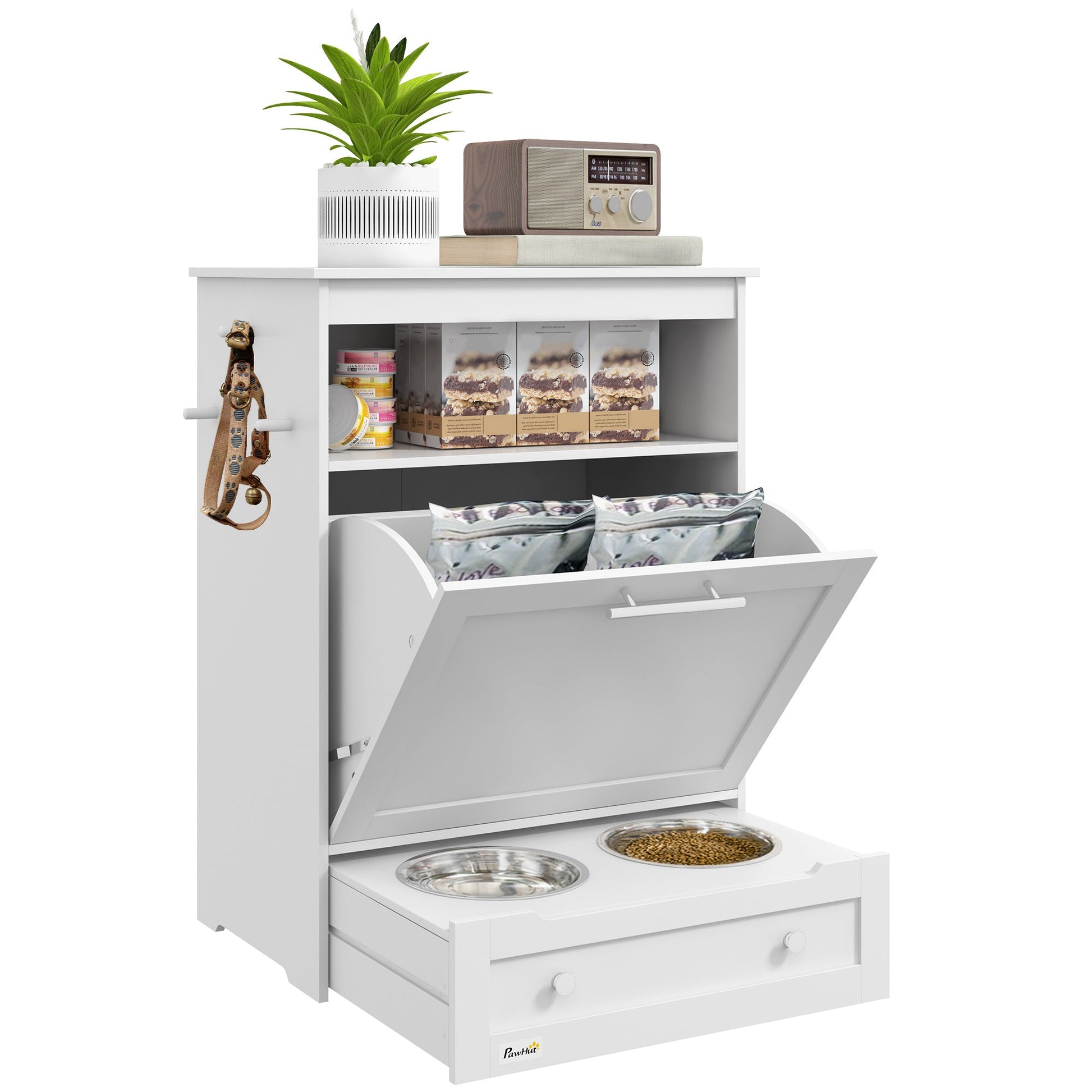 Pet Feeder Station, Dog Food Storage Container w/ Raised Dog Bowls, Hanger, for Food and Water - White