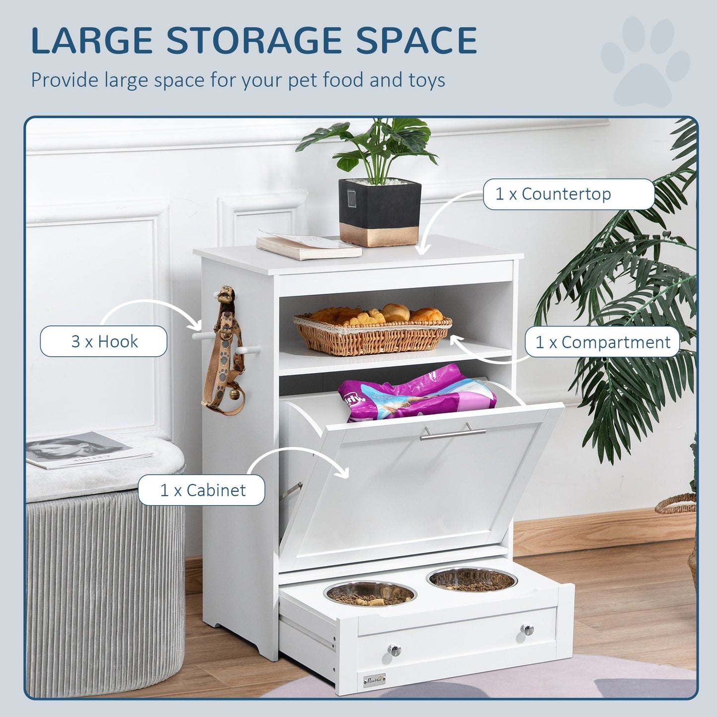 Pet Feeder Station, Dog Food Storage Container w/ Raised Dog Bowls, Hanger, for Food and Water - White