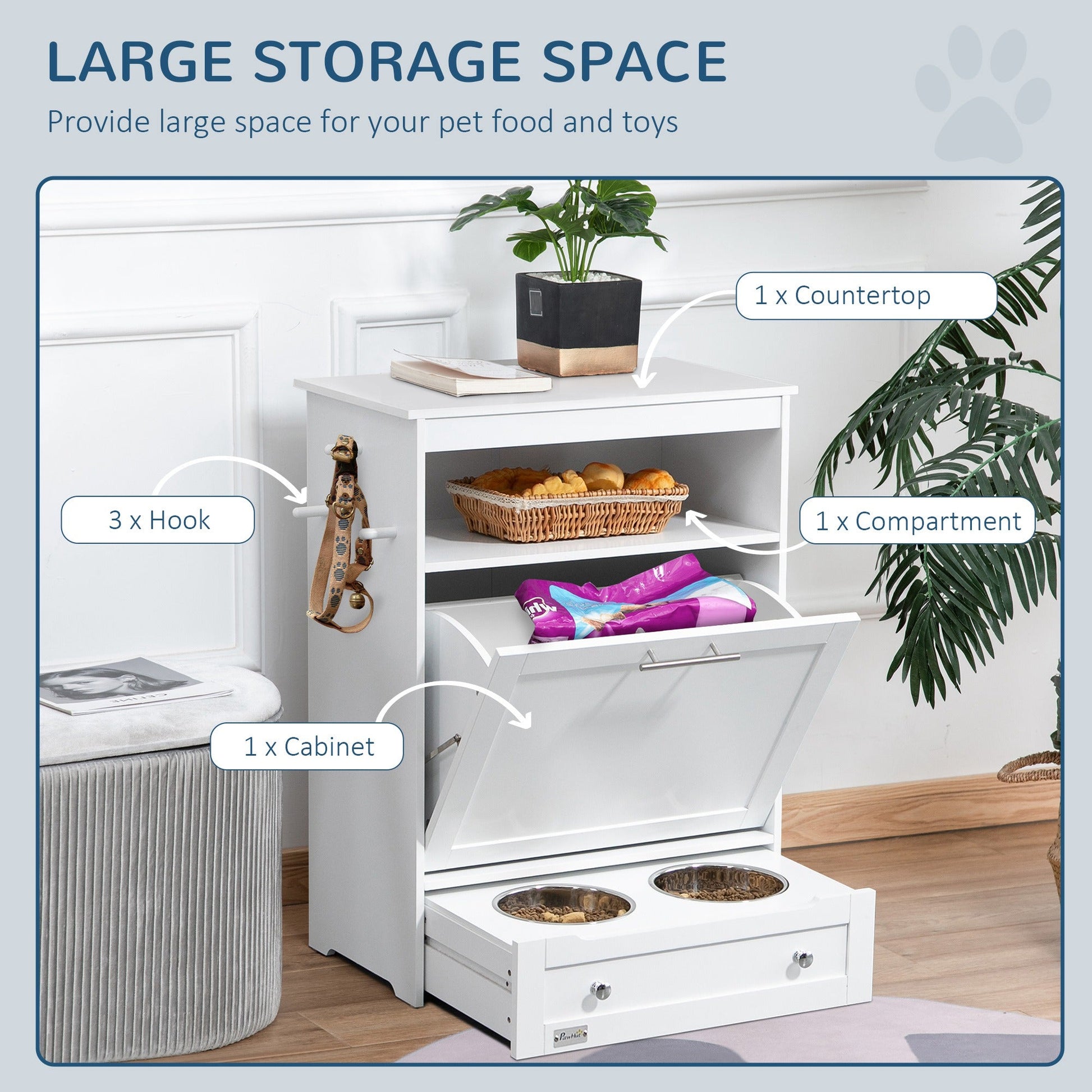 Pet Feeder Station, Dog Food Storage Container w/ Raised Dog Bowls, Hanger, for Food and Water - White