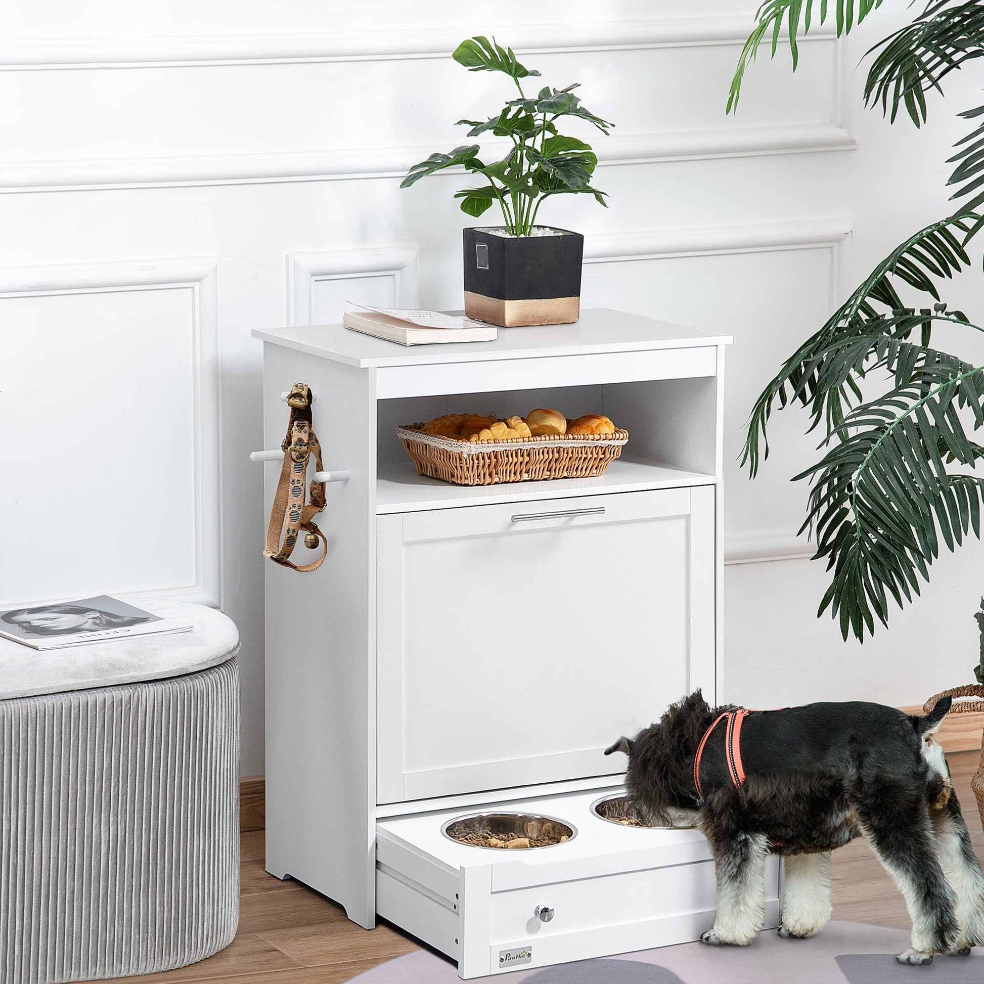 Pet Feeder Station, Dog Food Storage Container w/ Raised Dog Bowls, Hanger, for Food and Water - White