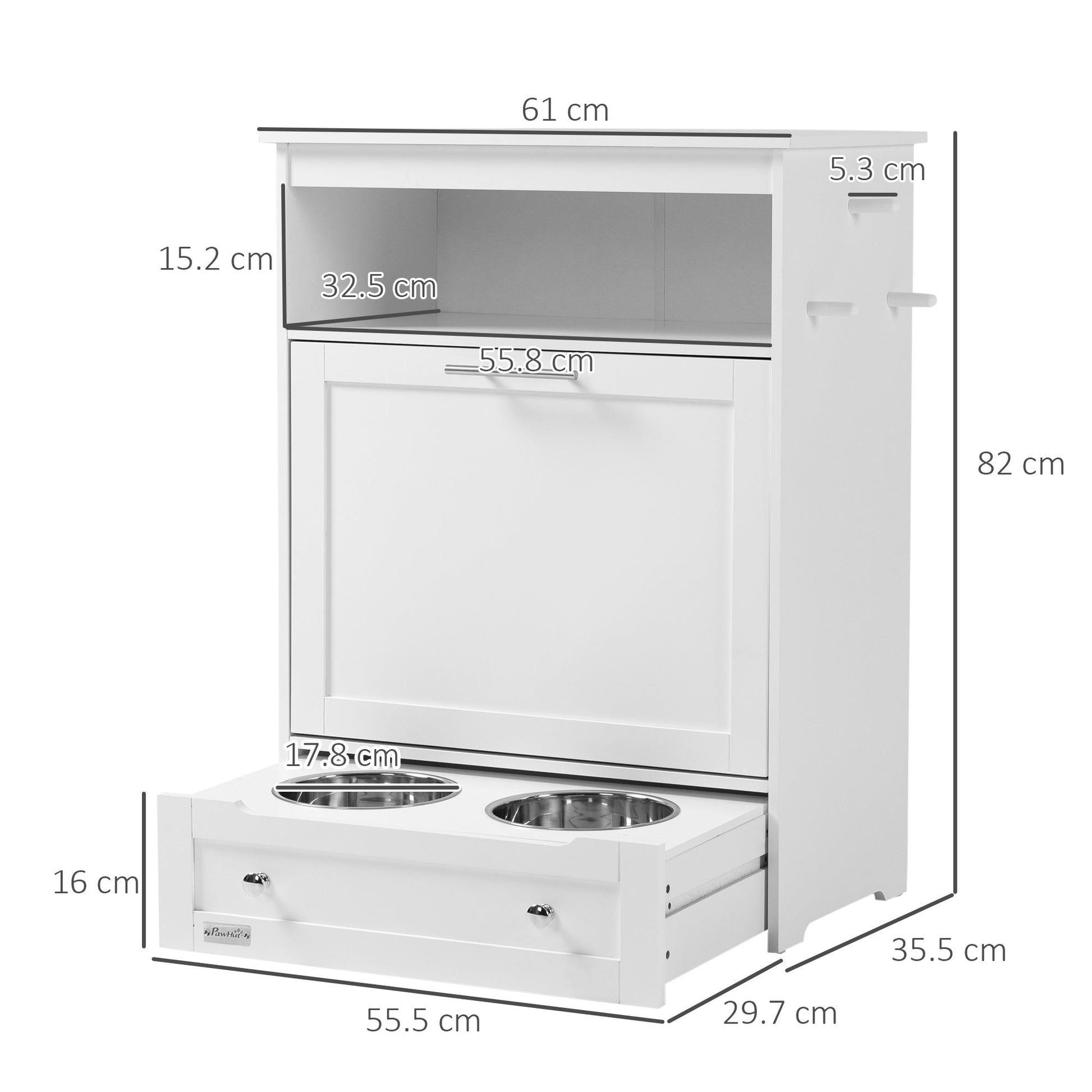 Pet Feeder Station, Dog Food Storage Container w/ Raised Dog Bowls, Hanger, for Food and Water - White