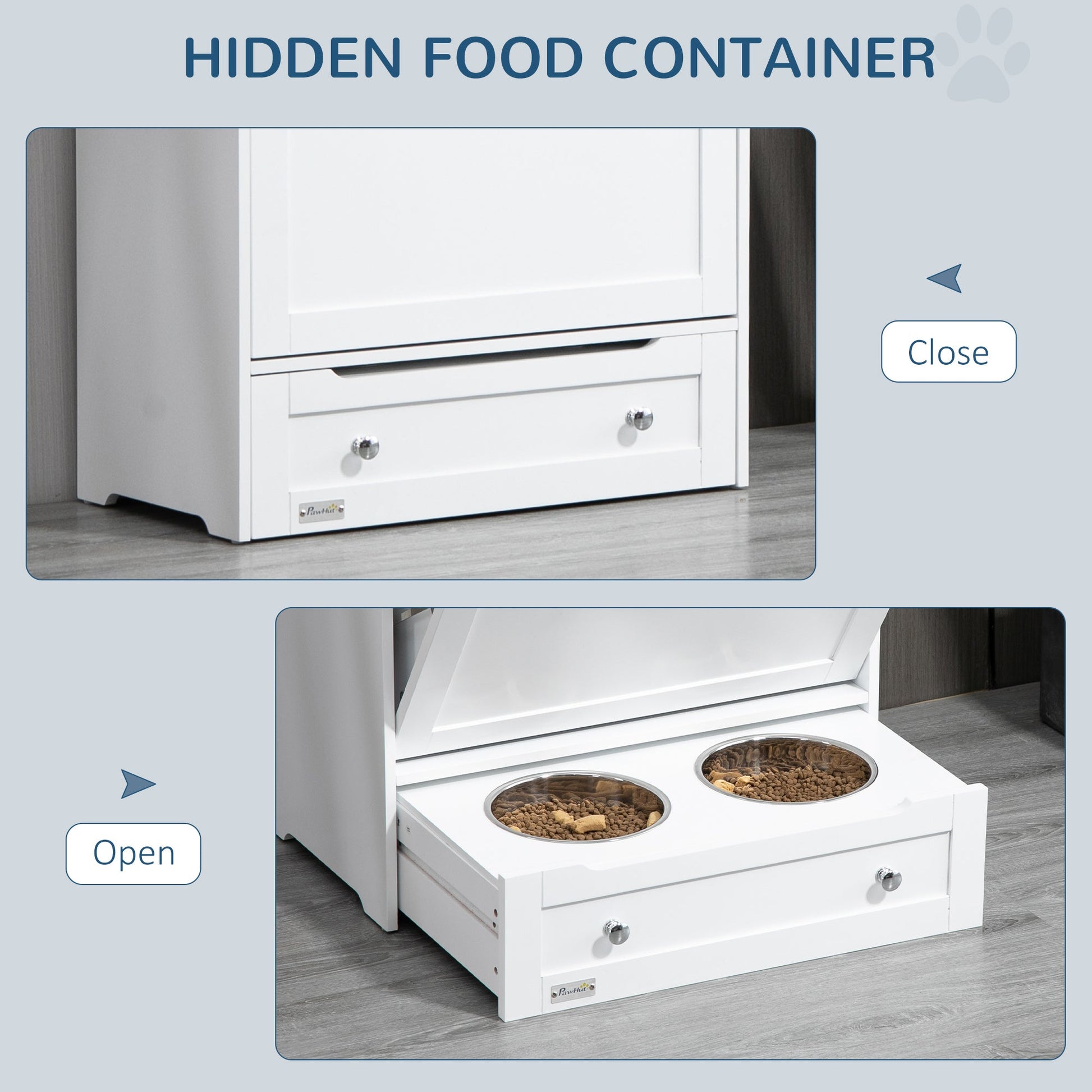 Pet Feeder Station, Dog Food Storage Container w/ Raised Dog Bowls, Hanger, for Food and Water - White